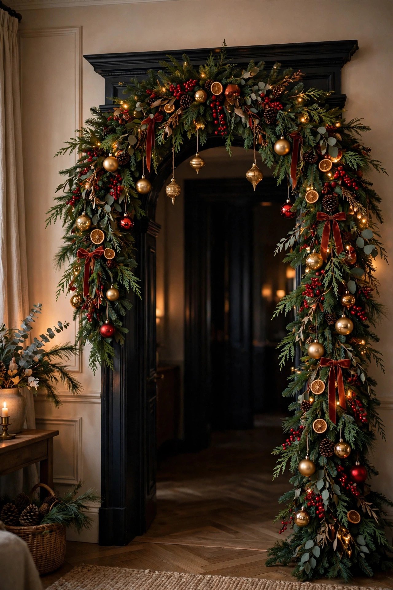 Christmas Garland Ideas: dramatic mixed-evergreen garland arch over an interior doorway with red berries and hanging ornaments in warm glow