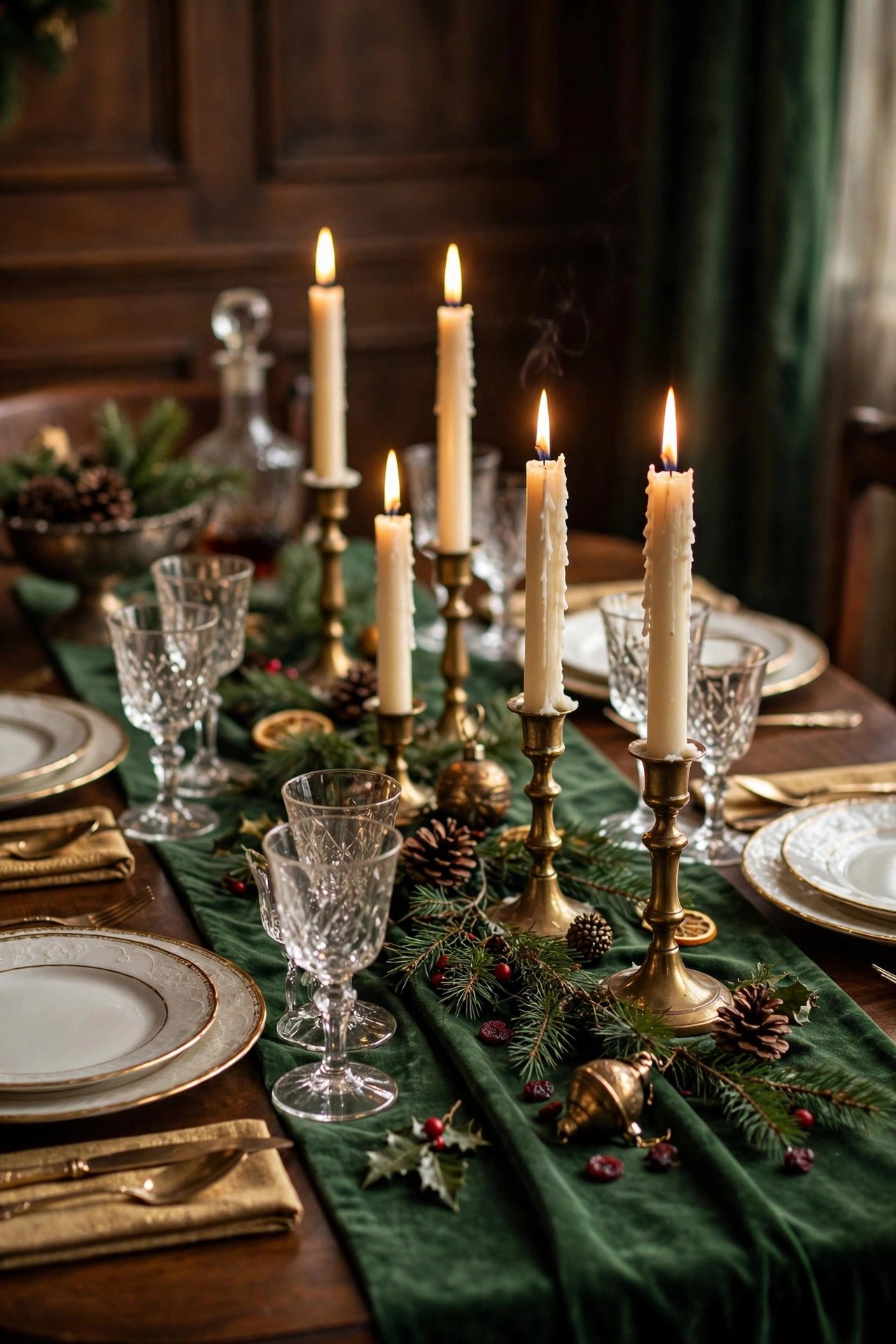 Christmas tablescape with lit taper candles in brass holders on a green velvet runner — vintage christmas decor