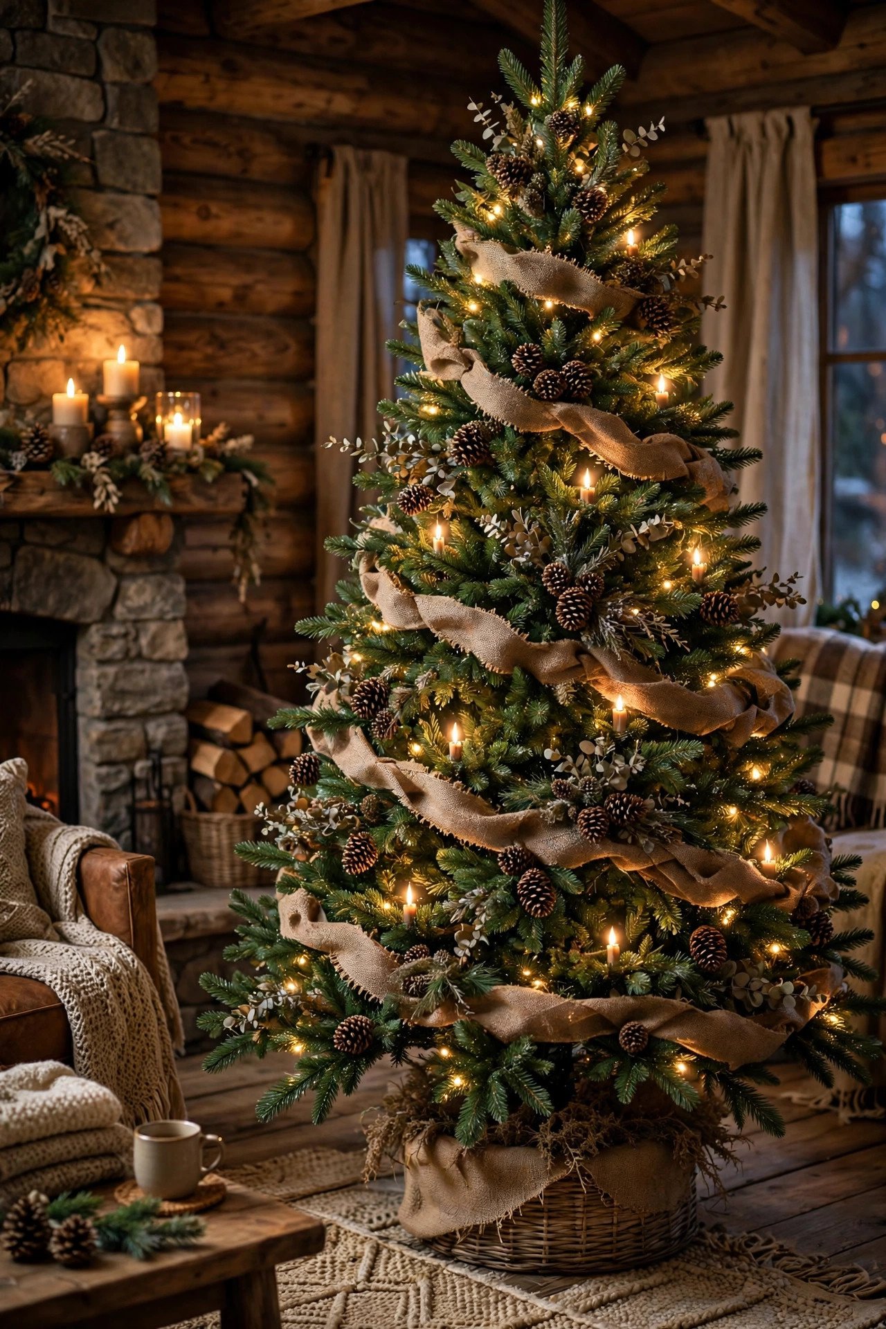 Rustic burlap Christmas tree ribbon with pinecones on a cabin-style tree