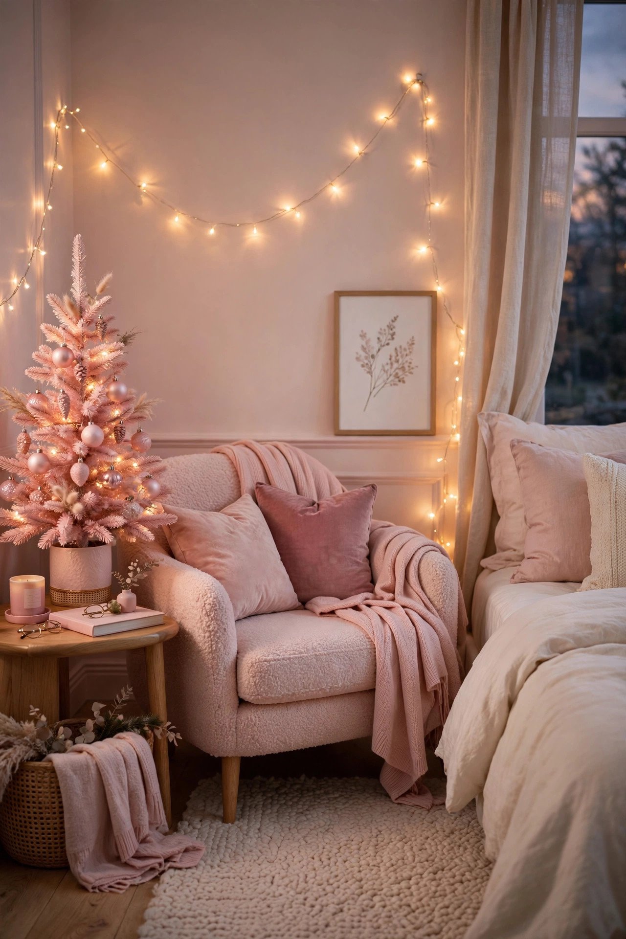Cozy pink Christmas bedroom corner with a mini blush tree, soft pink accents, cozy blankets and fairy lights