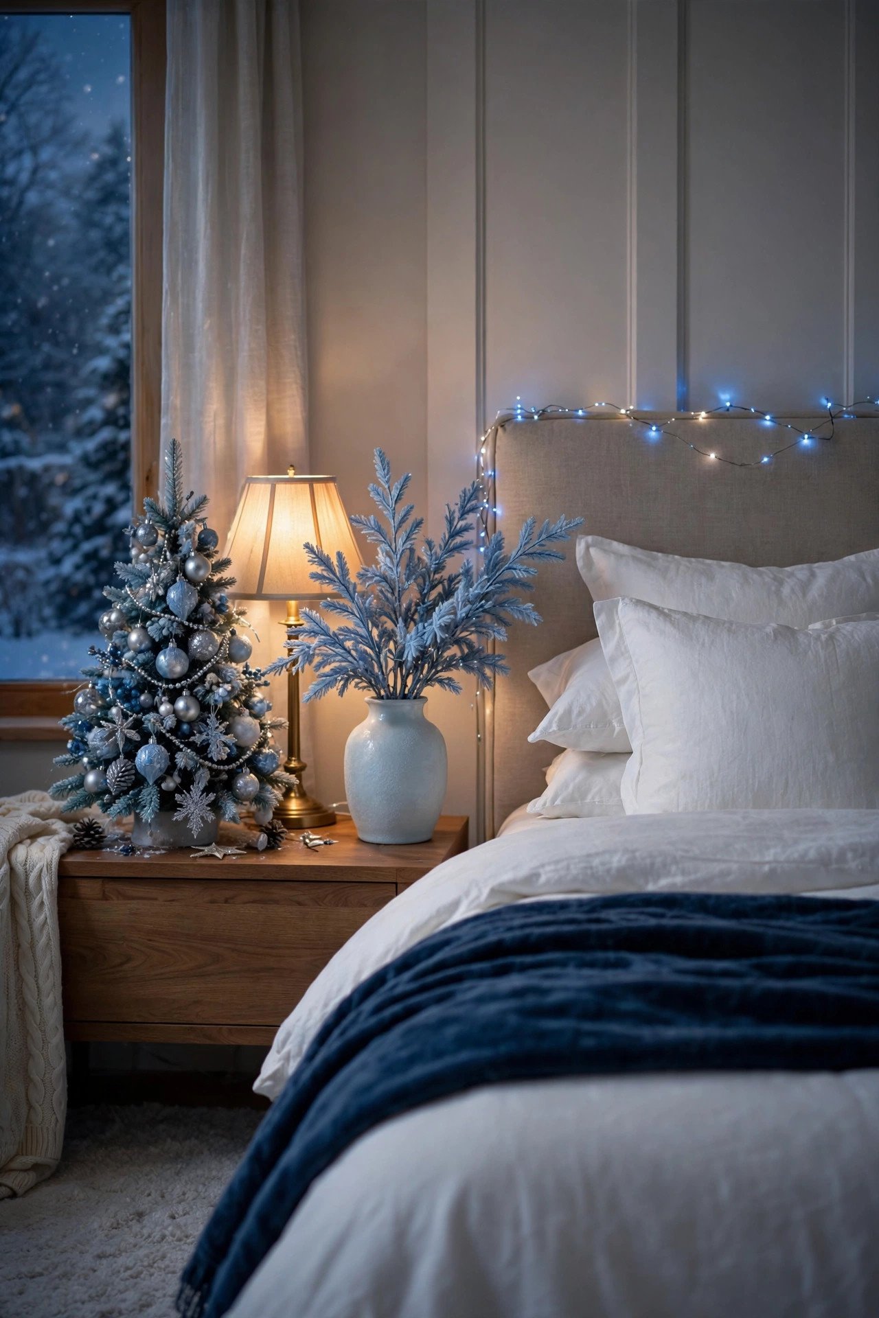 Cozy blue Christmas bedroom corner with a mini icy blue tree, navy velvet throw, frosted blue branches and fairy lights