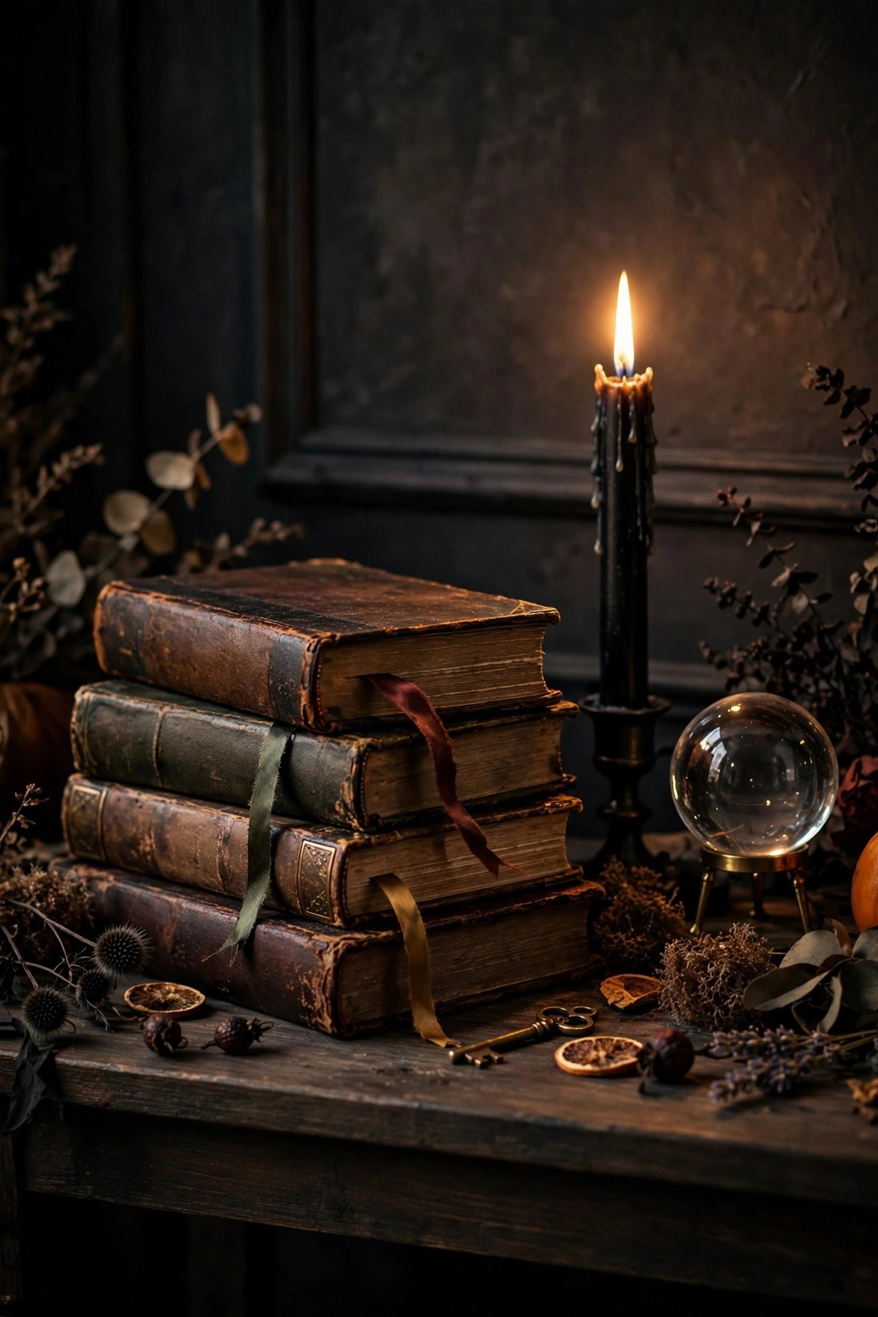 Stack of vintage spellbooks with a dripping black candle and crystal ball on a dark wooden table for witchy Halloween decor