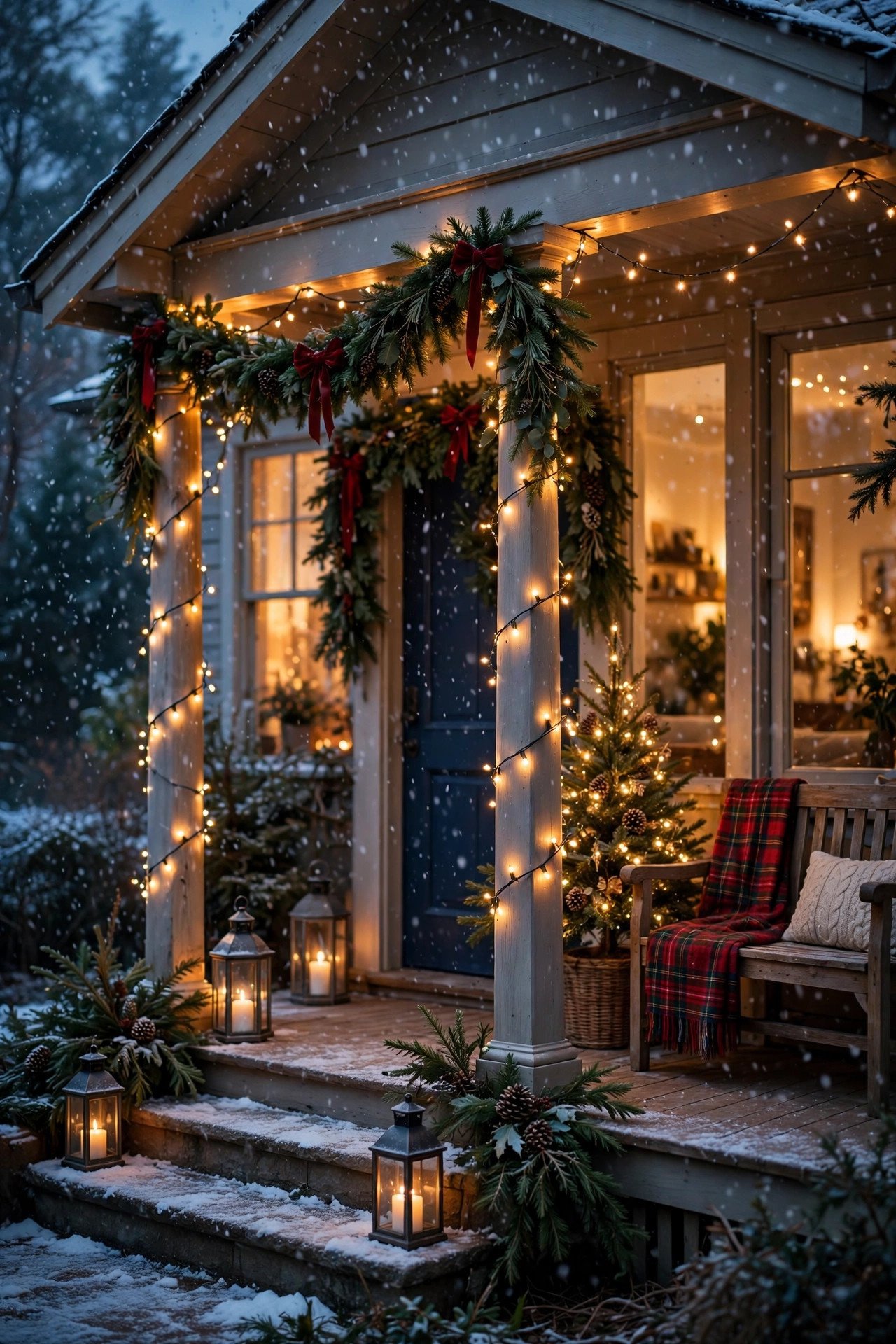 Christmas Porch Decor with snowy garland, red bows, and glowing lanterns on the steps