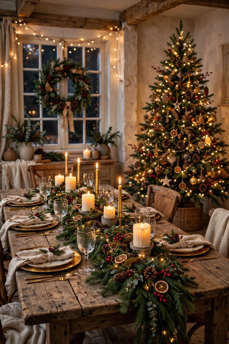 Christmas Dining Room Decor with a glowing evergreen garland runner, lit candles, and a decorated Christmas tree