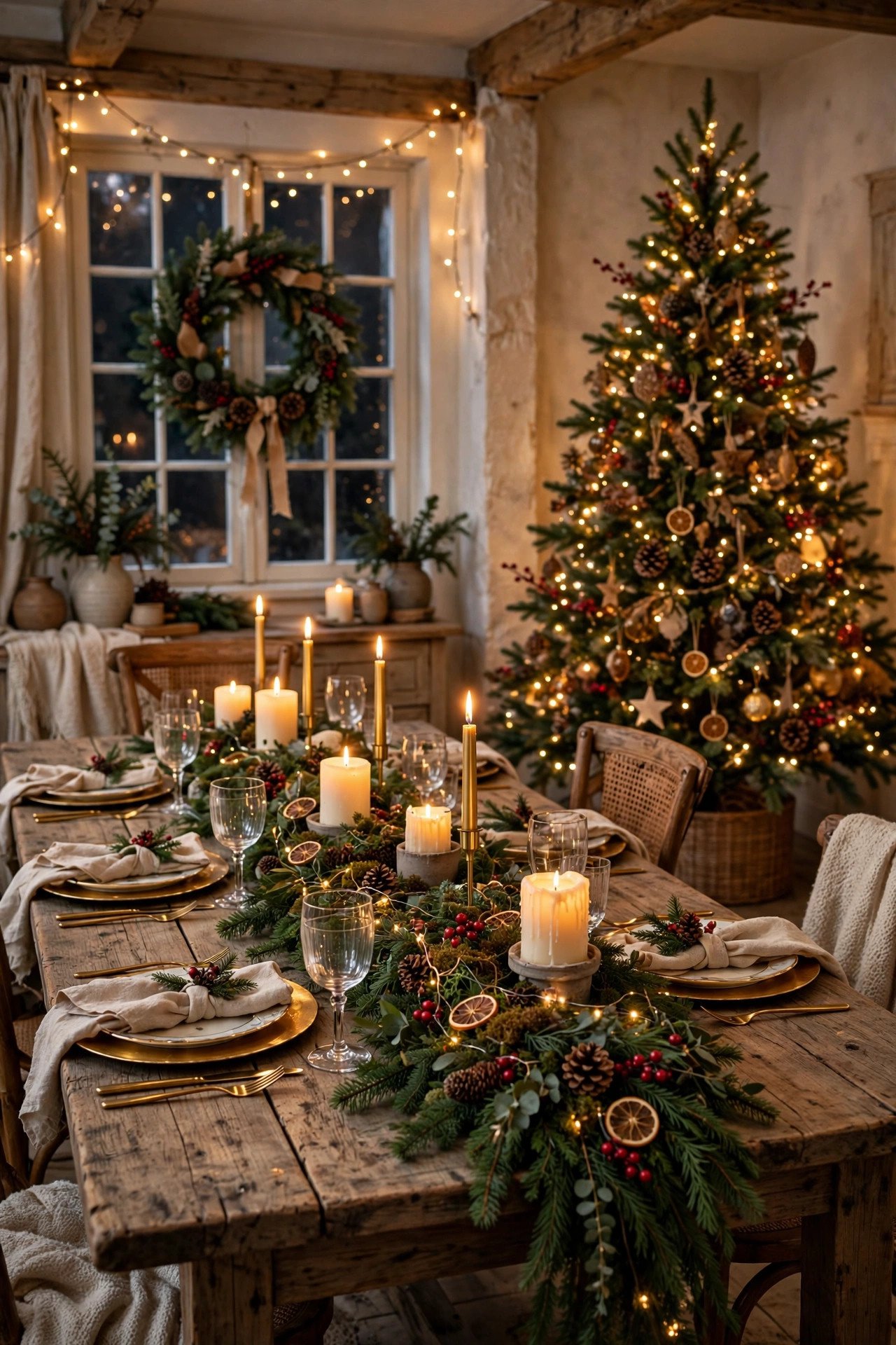 Christmas Dining Room Decor with a glowing evergreen garland runner, lit candles, and a decorated Christmas tree