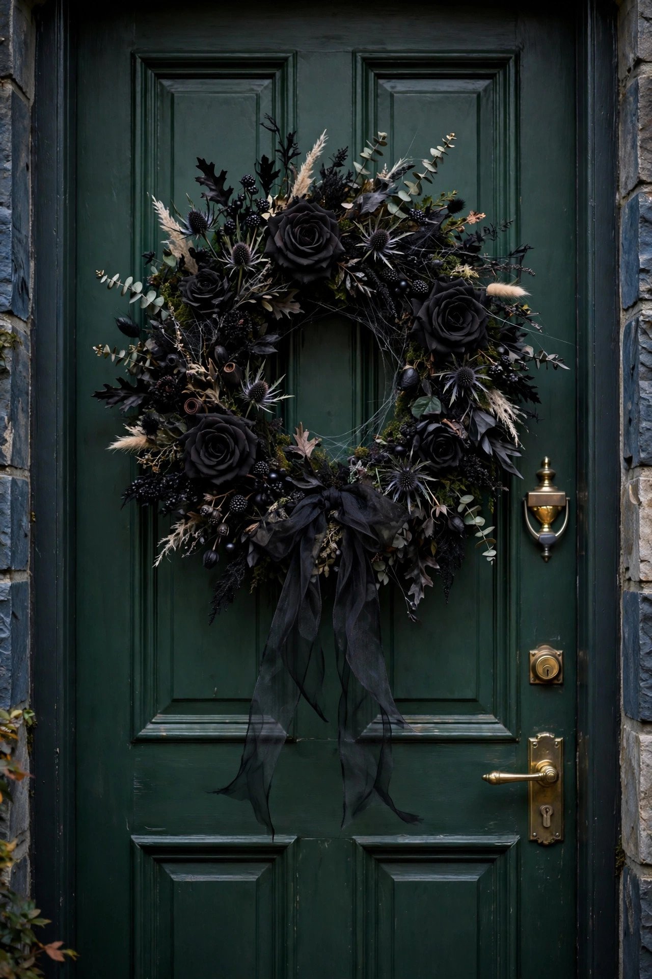 Elegant Halloween wreath ideas display — gothic black-rose wreath with sheer black ribbon on a deep green front door