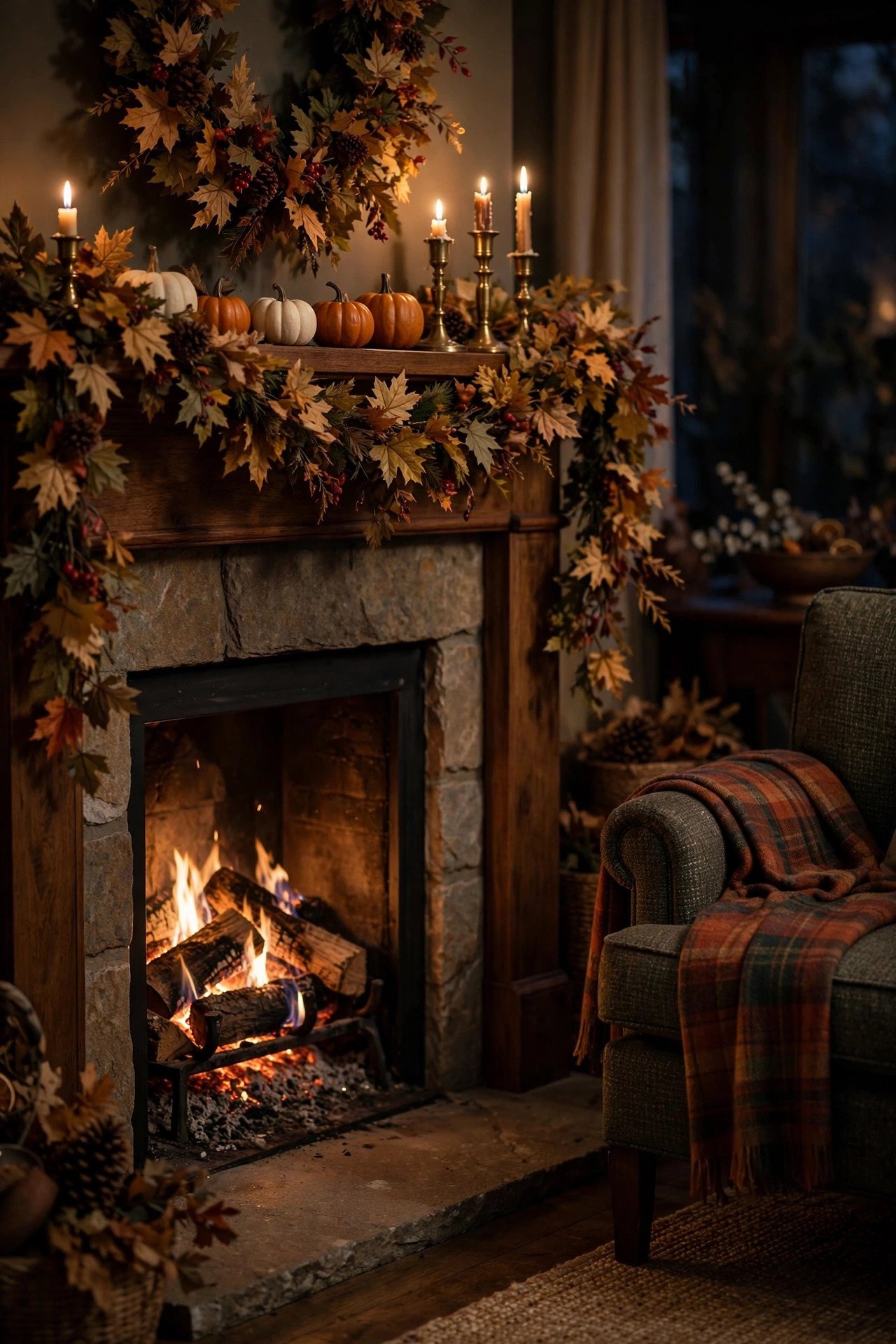Thanksgiving living room decor mantel — fall leaf garland, pumpkins and brass candlesticks above a glowing fireplace with plaid throw on armchair