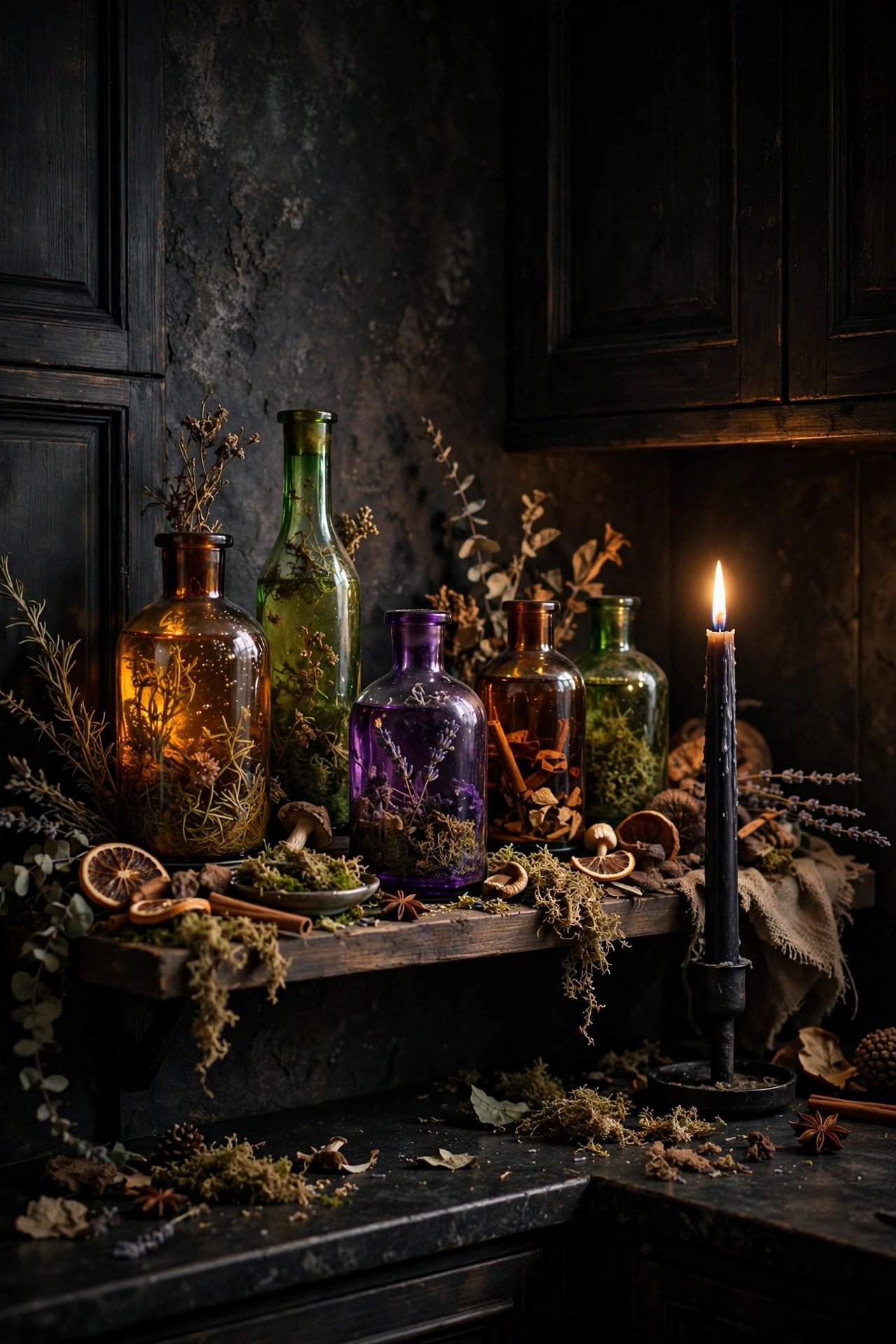 Glass potion bottles in amber, green and violet filled with herbs on a dark apothecary shelf with a lit black candle for witchy Halloween decor
