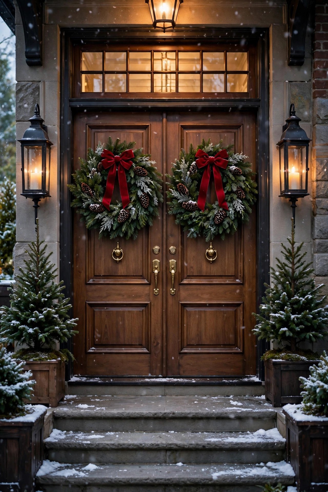 Christmas Porch Decor with a grand wreath, flanking lanterns, and potted evergreens