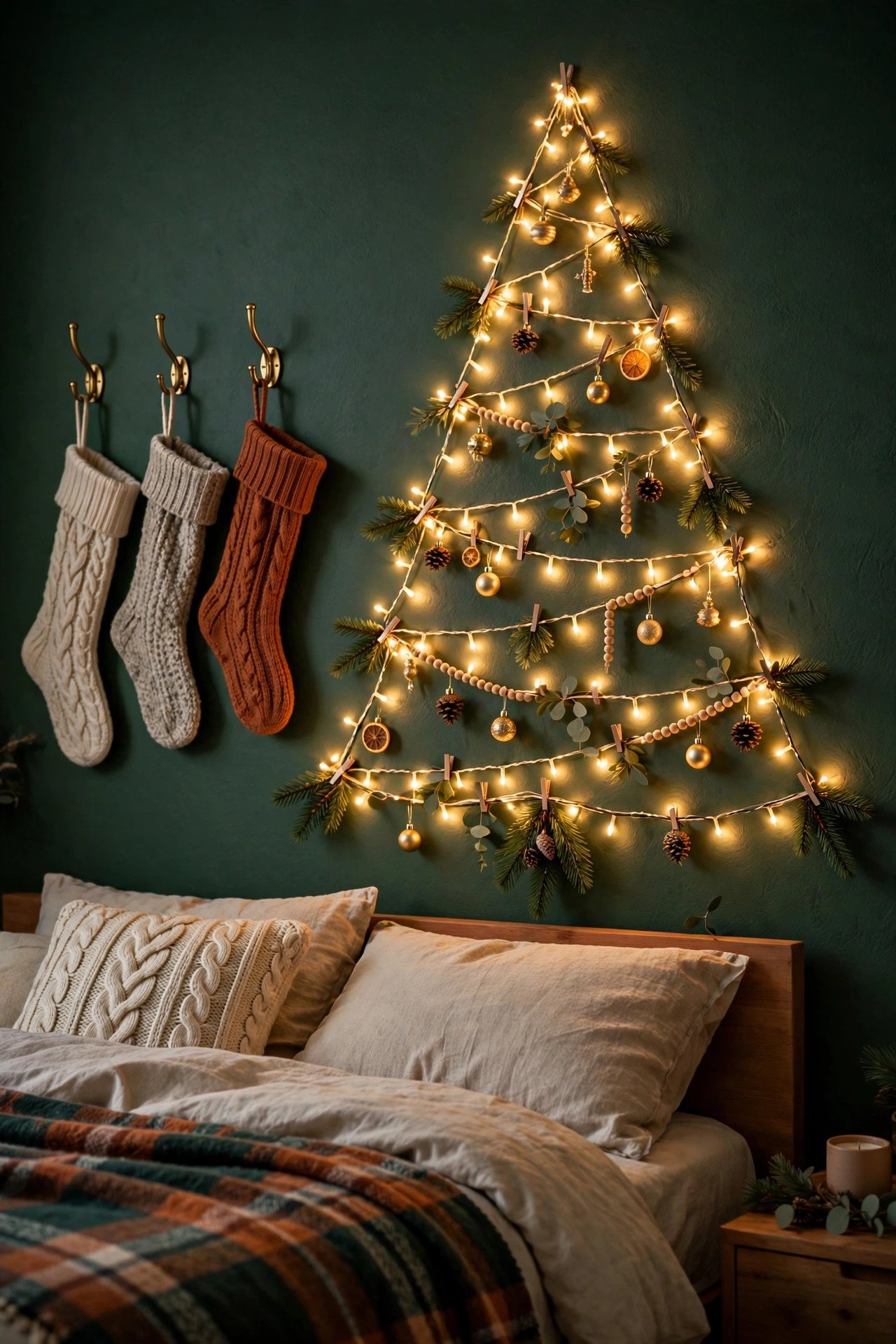 Bedroom wall with a glowing string-light Christmas tree and cozy knit stockings hung beside the bed