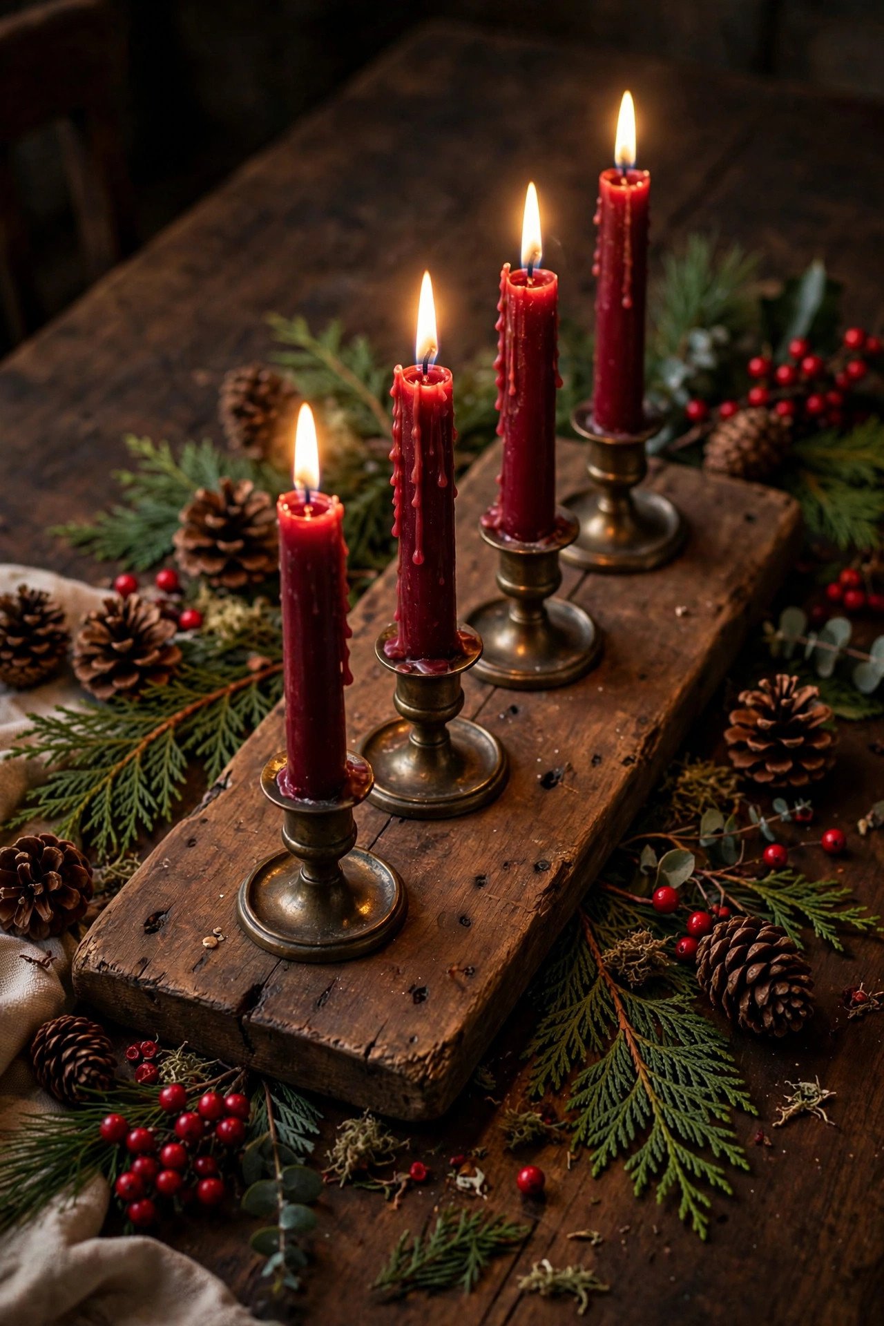 Four deep red taper candles on a wooden board Christmas centerpiece with pinecones and red berries