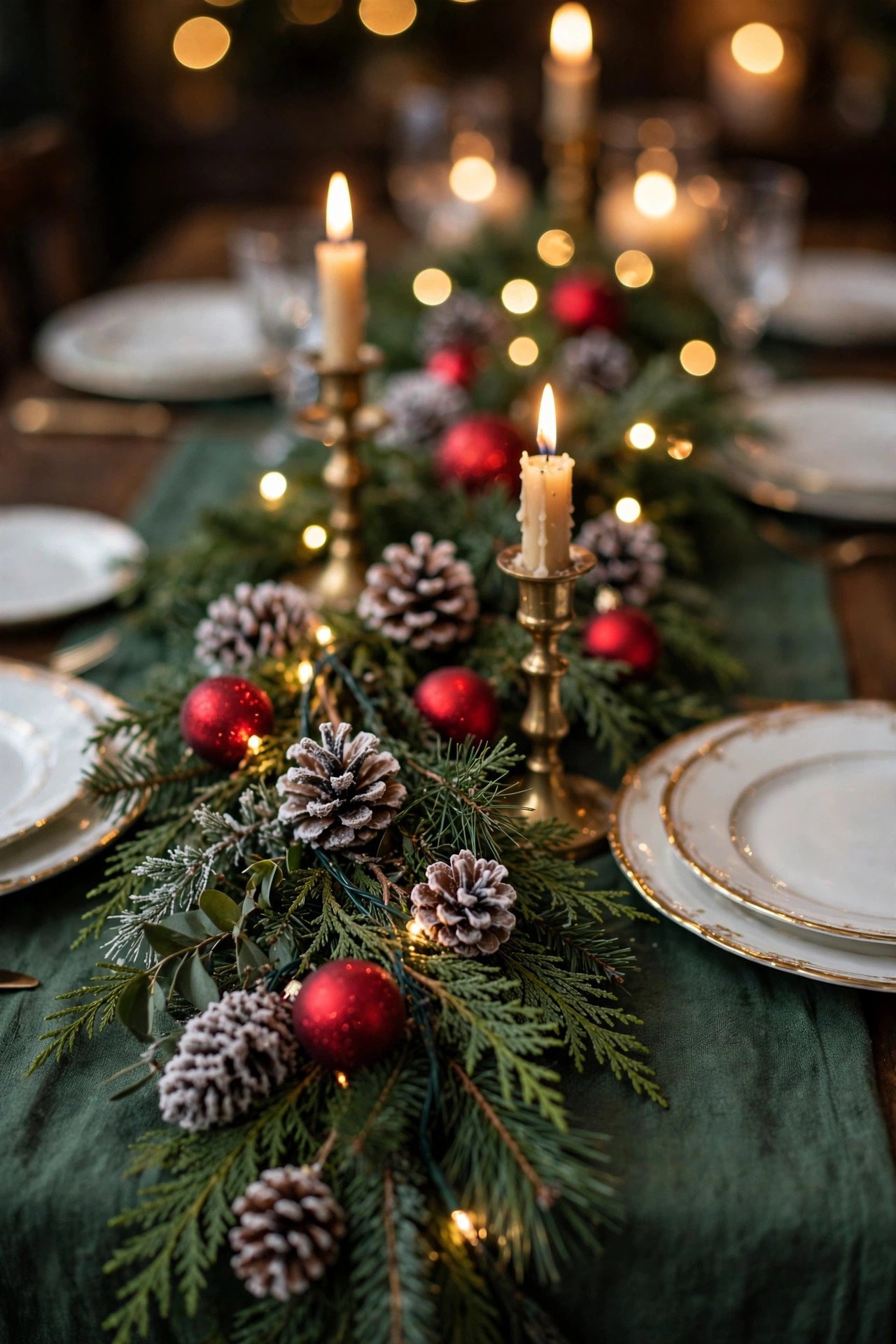 Close-up Christmas Dining Room Decor tablescape with garland runner, brass candlesticks, and red ornaments