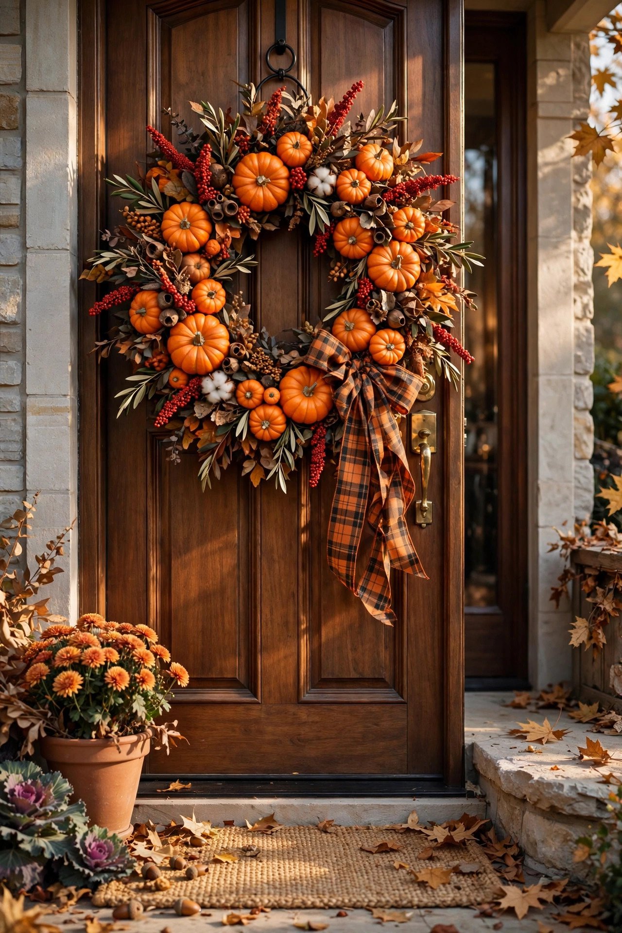 Halloween wreath ideas for doors — orange pumpkin wreath with berry sprigs and plaid ribbon hanging on a front porch