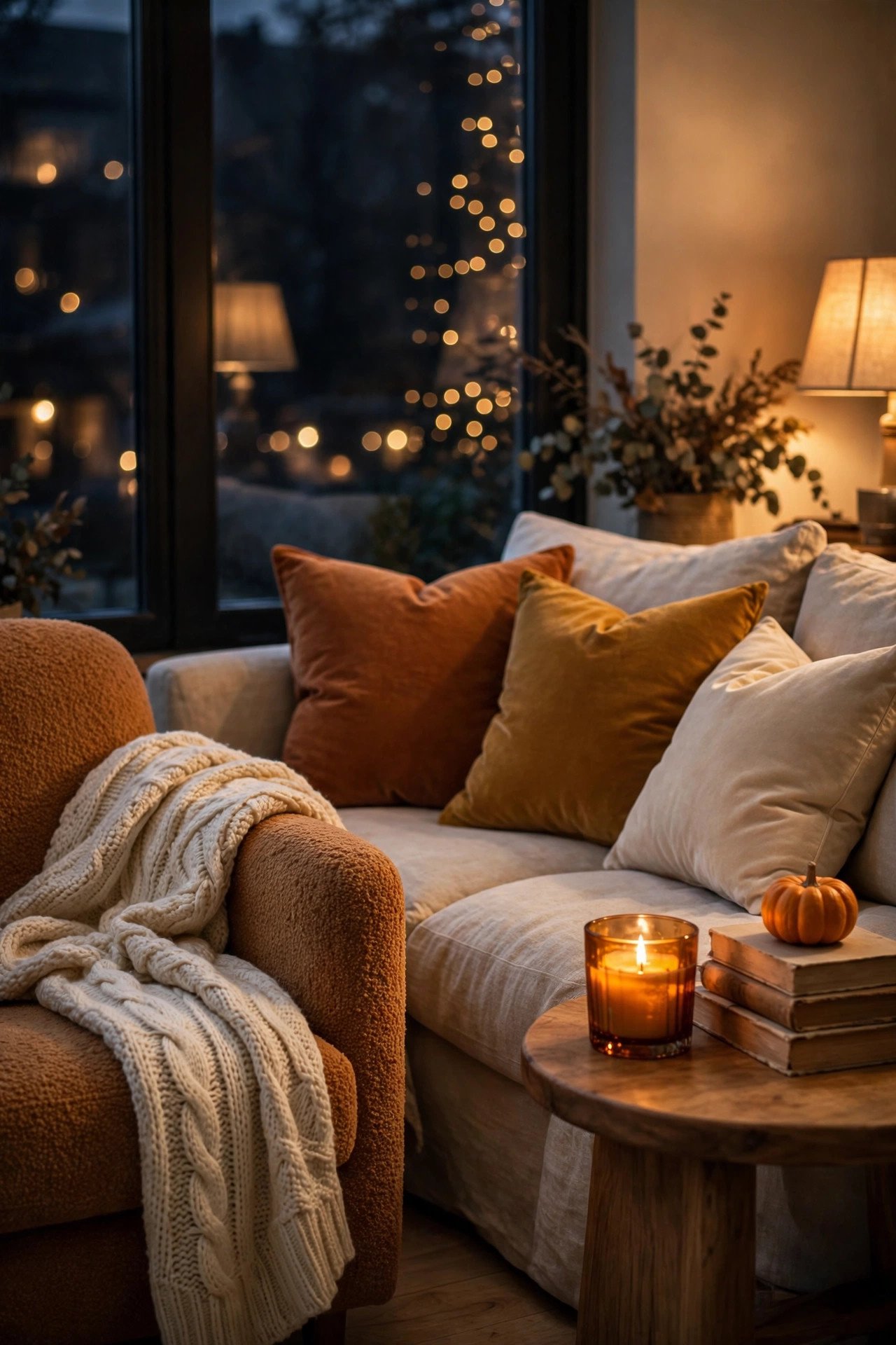 Thanksgiving living room decor sofa vignette — linen sofa with burnt-orange velvet cushions, knit throw and lit amber candle at dusk