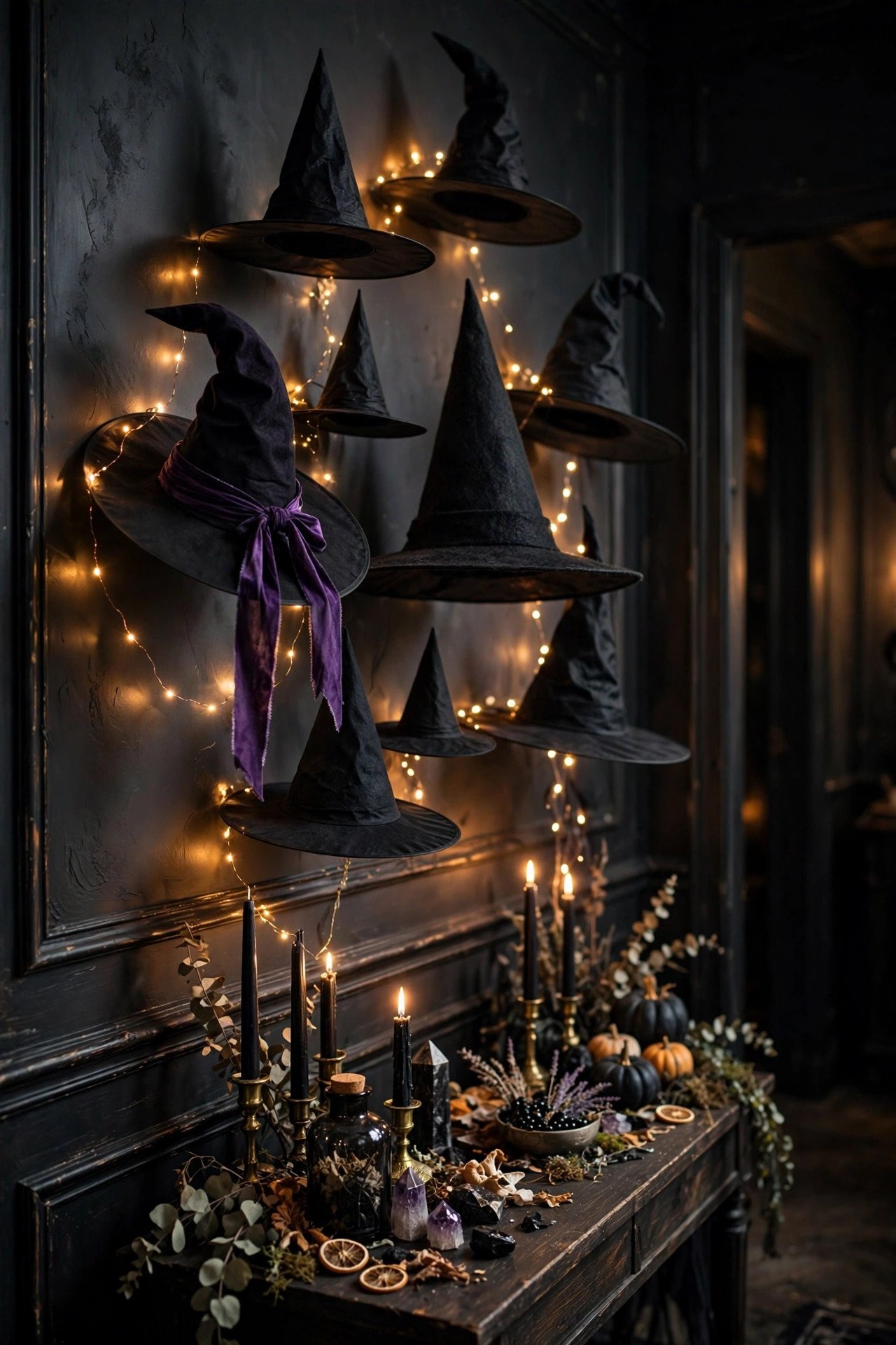 Black witch hats displayed and floating on a dark wall with warm fairy lights and a candlelit console table below for witchy Halloween decor