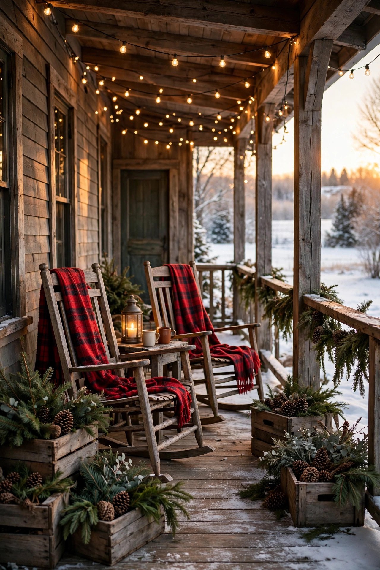 Christmas Porch Decor with rocking chairs, plaid throws, and string lights on a farmhouse porch