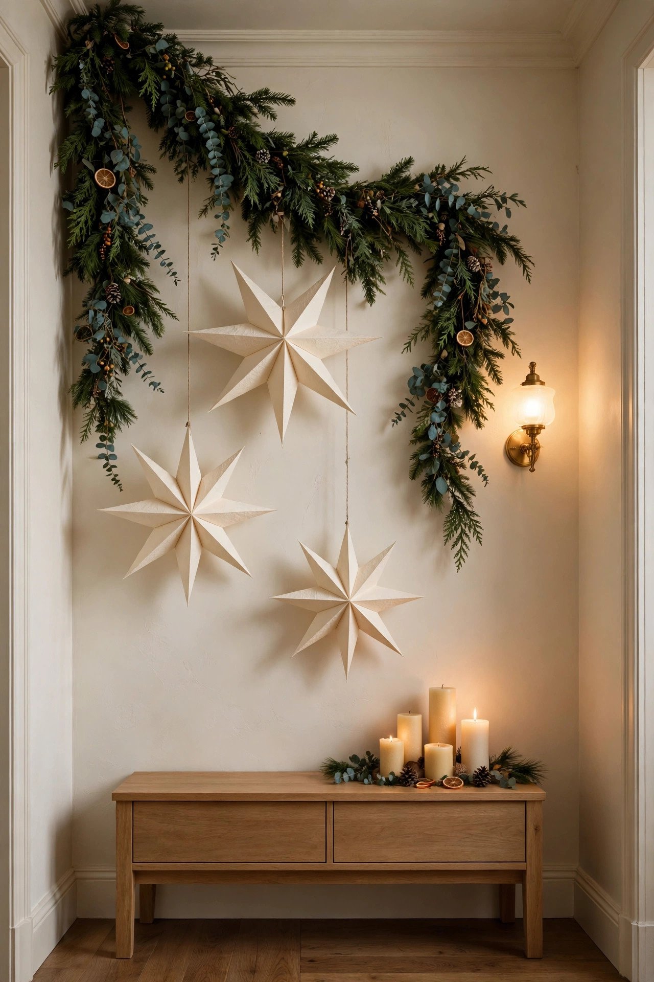 Hallway Christmas wall decor with cascading green garland and hanging cream paper stars above a console table