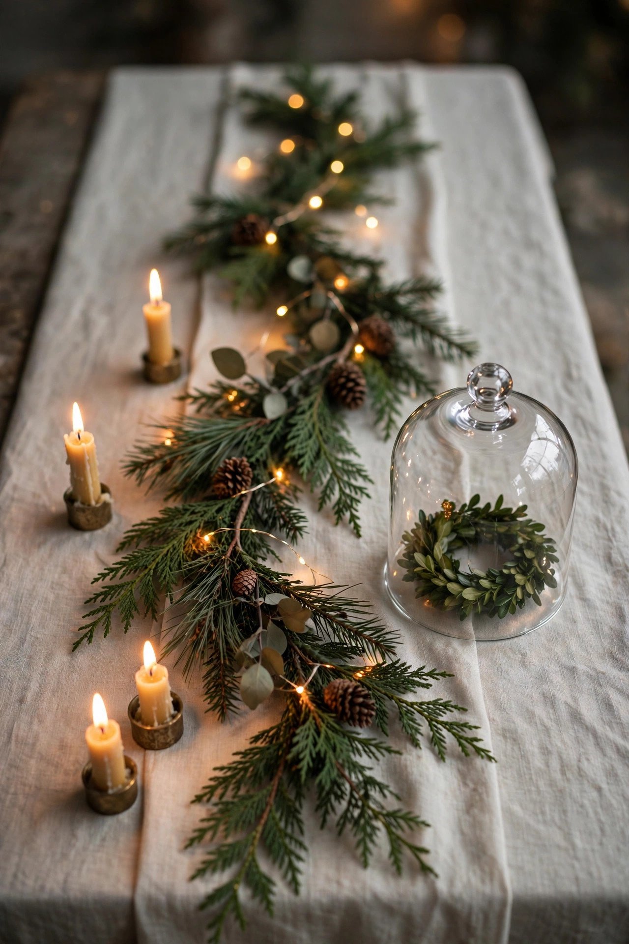 Minimalist evergreen Christmas centerpiece runner with warm fairy lights and glass cloches over mini wreaths