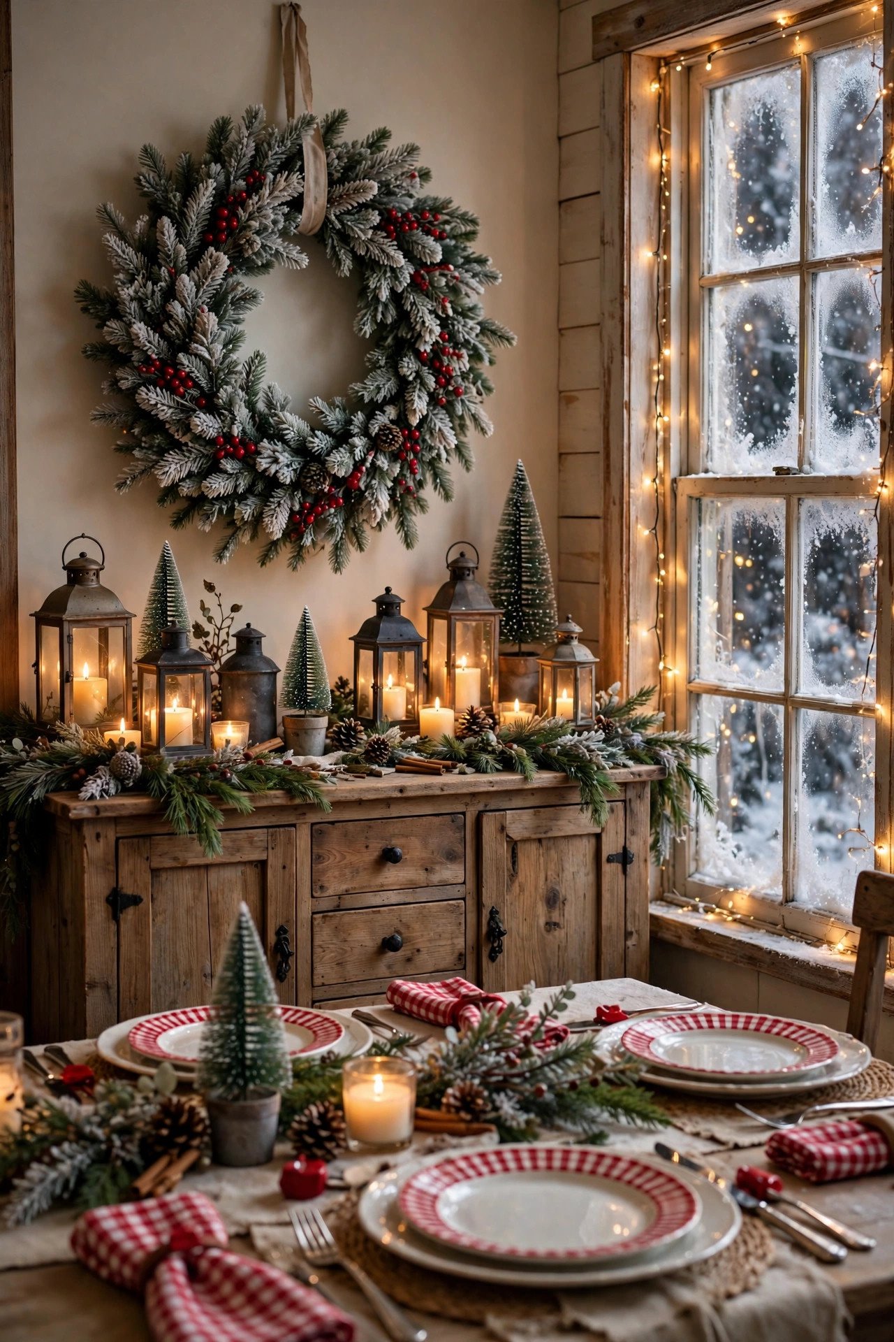 Christmas Dining Room Decor corner with a frosted wreath, glowing lanterns, and a festive sideboard