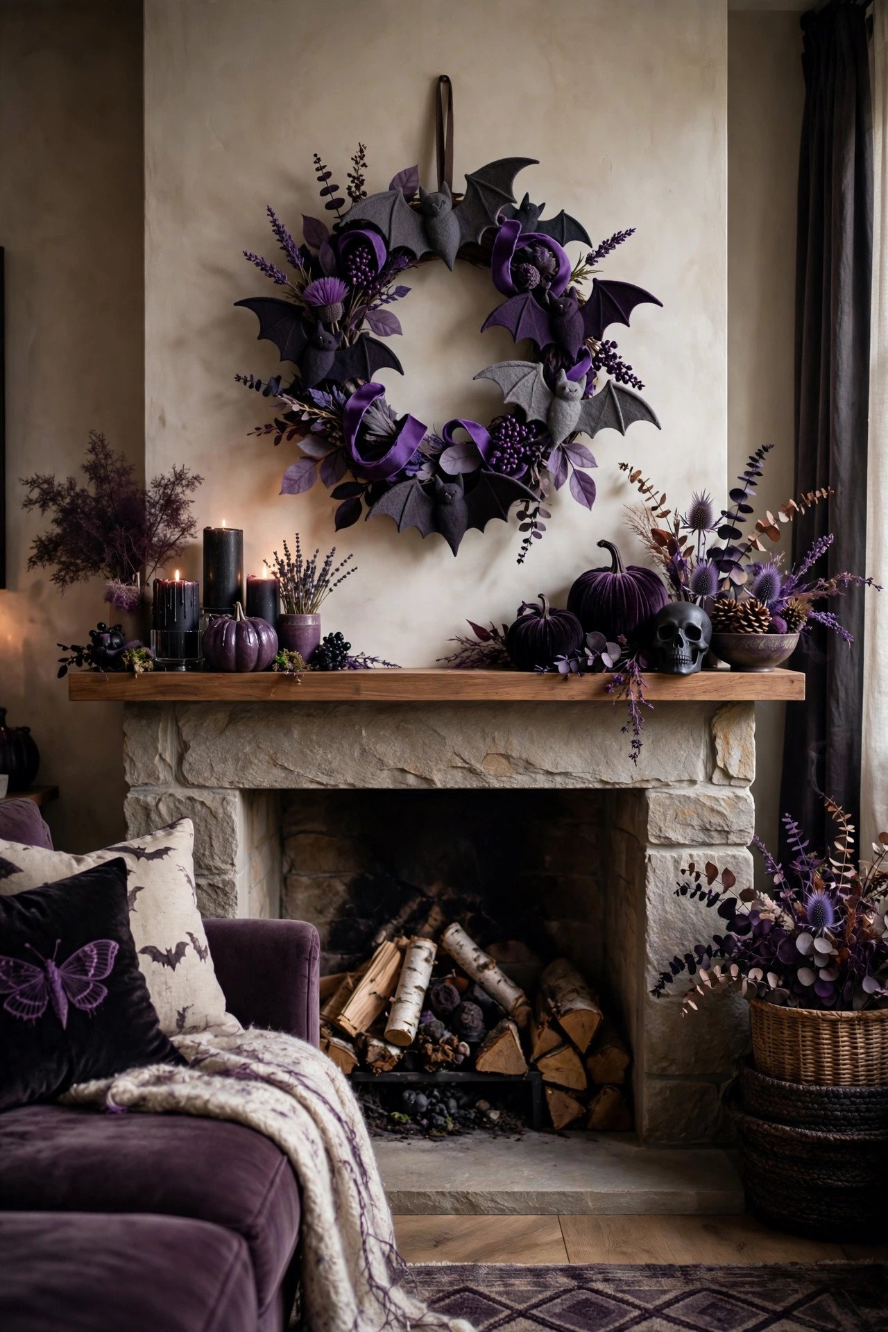 Halloween wreath ideas for mantels — whimsical felt bat wreath with purple accents hanging above a fireplace mantel