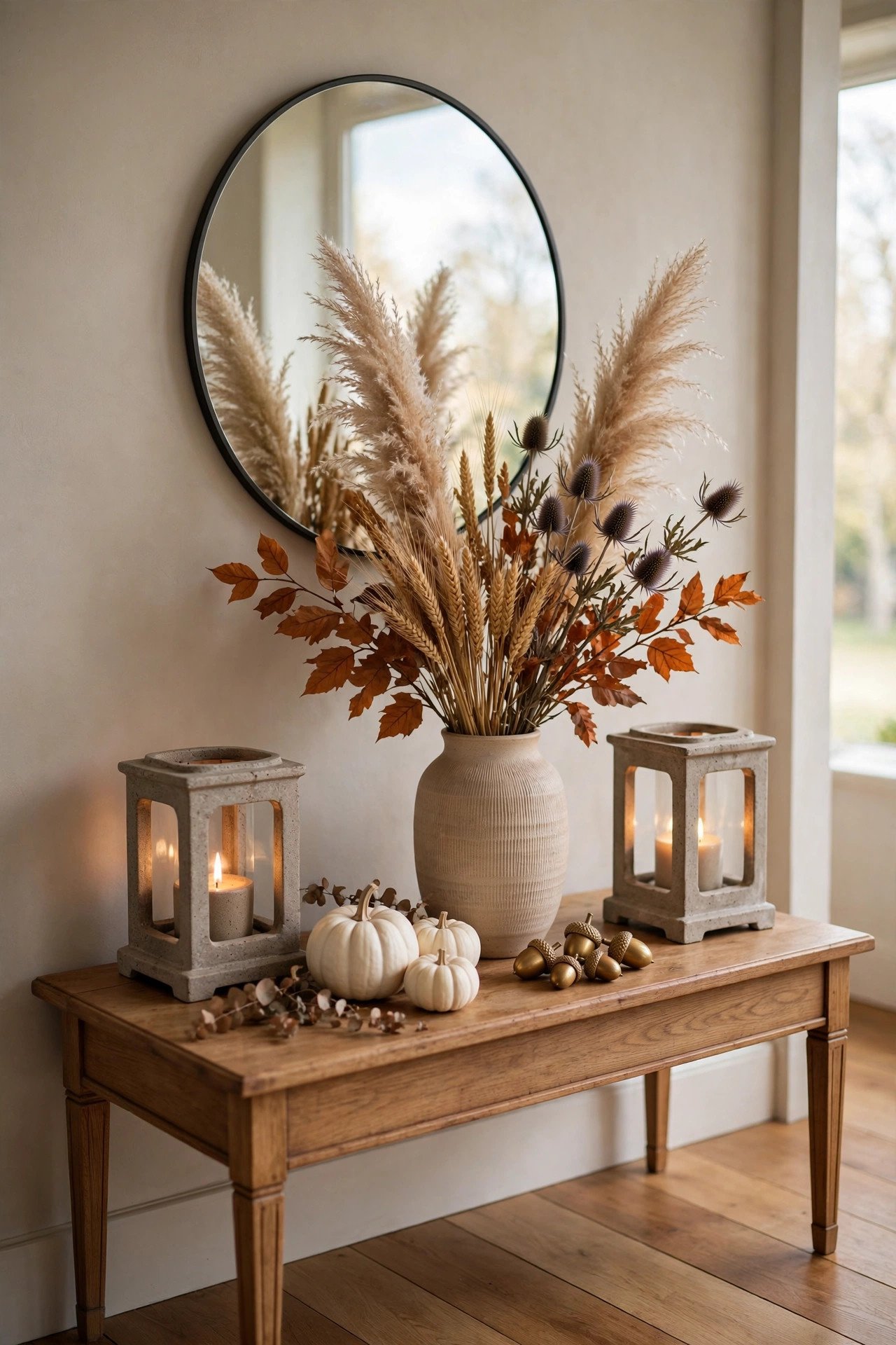 Thanksgiving living room decor console table — ceramic vase of dried pampas grass, wheat and rust leaves with stone lanterns, white pumpkins and brass acorns