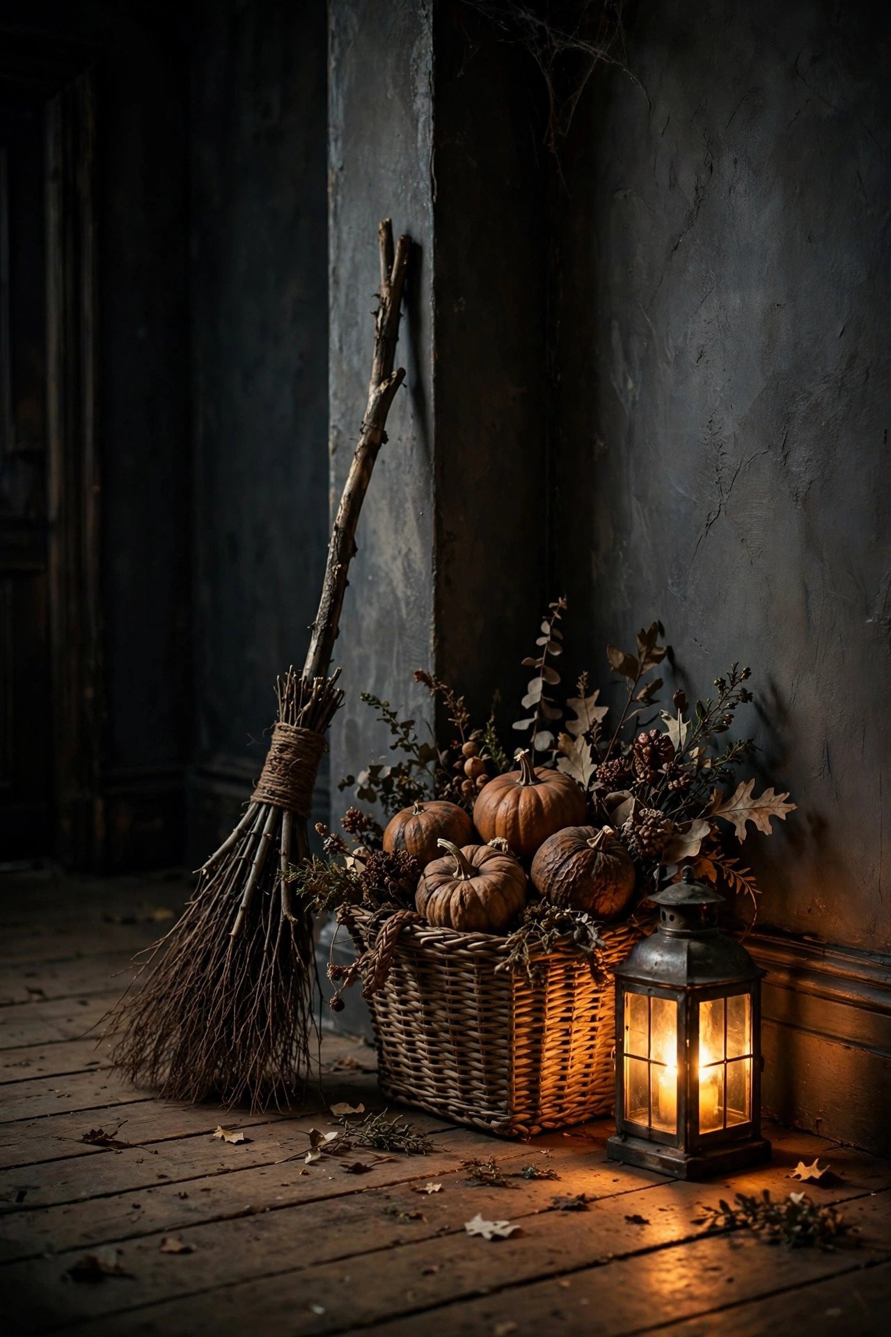 Rustic twig broomstick leaning in a dark hallway corner beside a woven basket of pumpkins and a glowing lantern for witchy Halloween decor