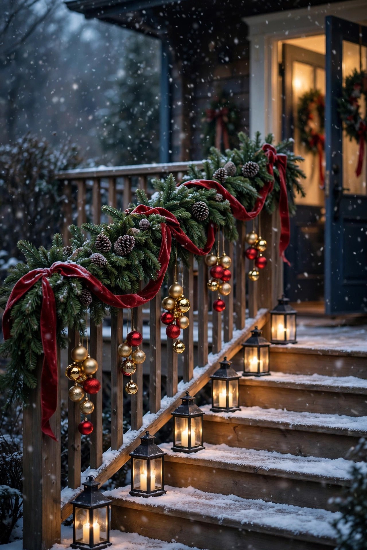 Christmas Porch Decor with swagged railing garland, red ribbon, and lantern-lined steps