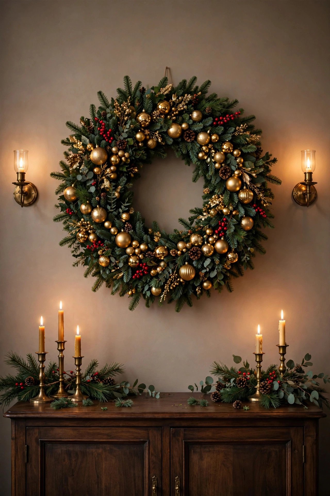 Elegant dining room wall with an oversized Christmas wreath flanked by glowing candle wall sconces