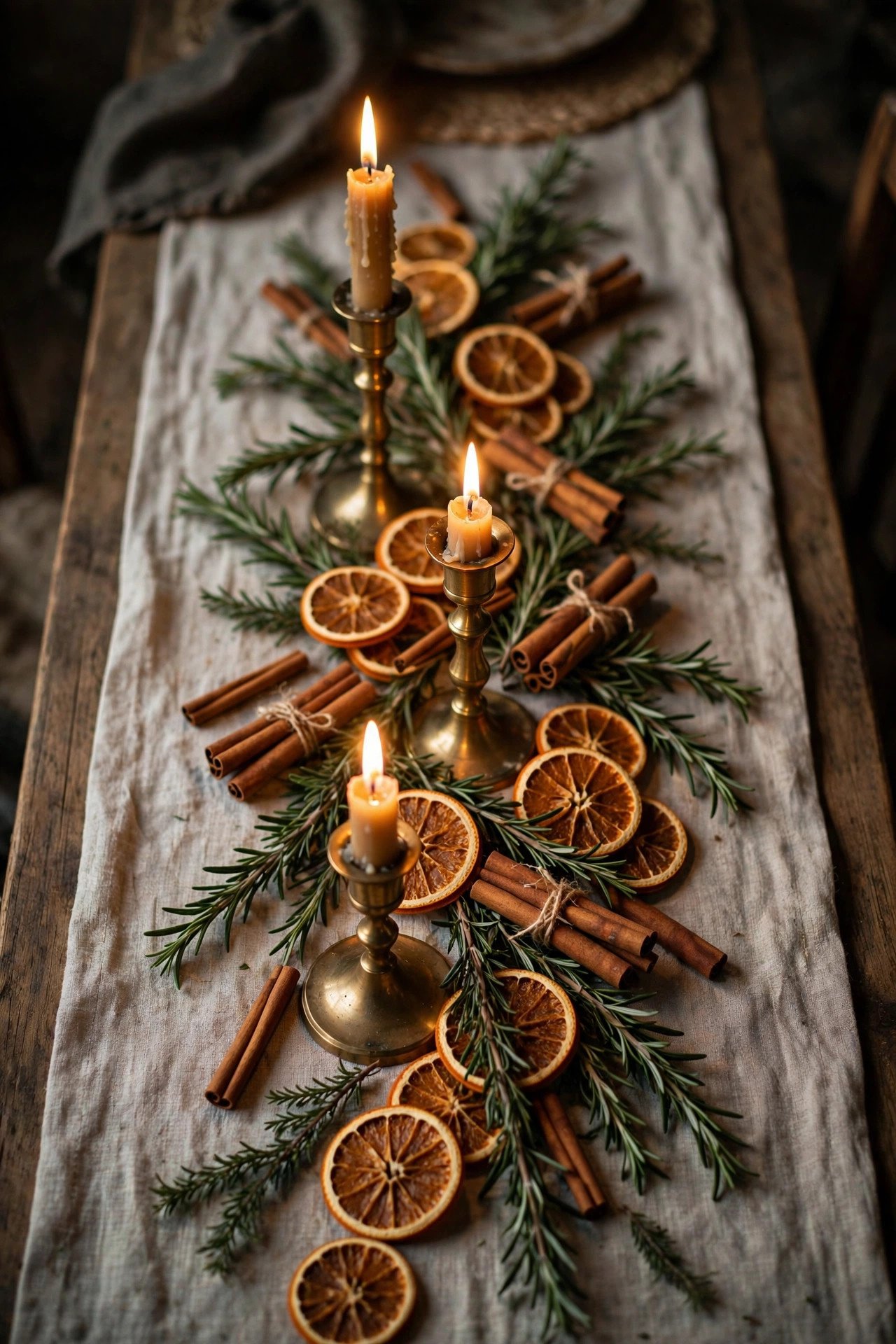 Edible Christmas centerpiece with dried orange slices, fresh rosemary, and brass candlesticks on linen runner