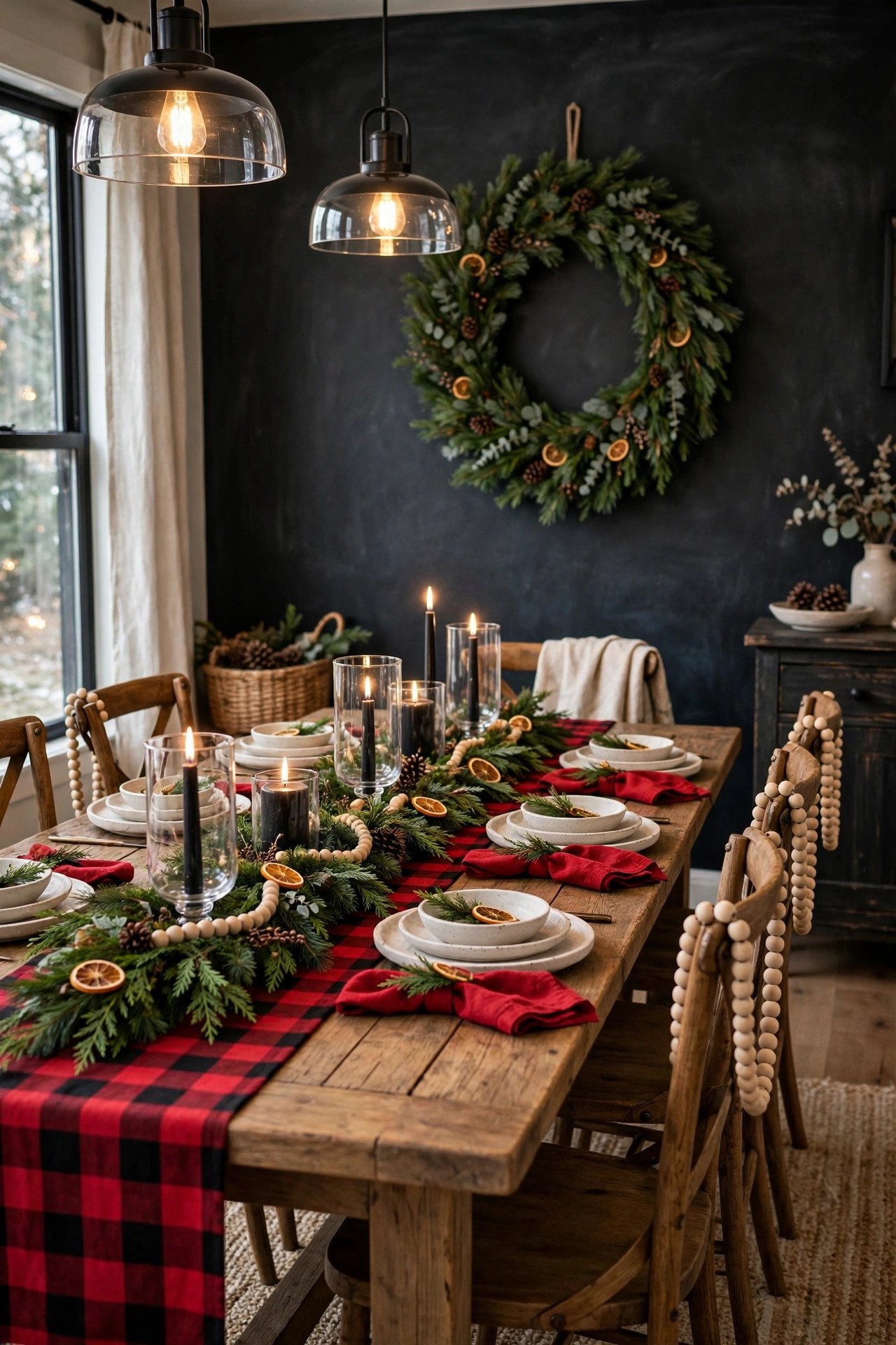 Farmhouse Christmas Dining Room Decor with buffalo check runner, wreath on a dark wall, and candlelight