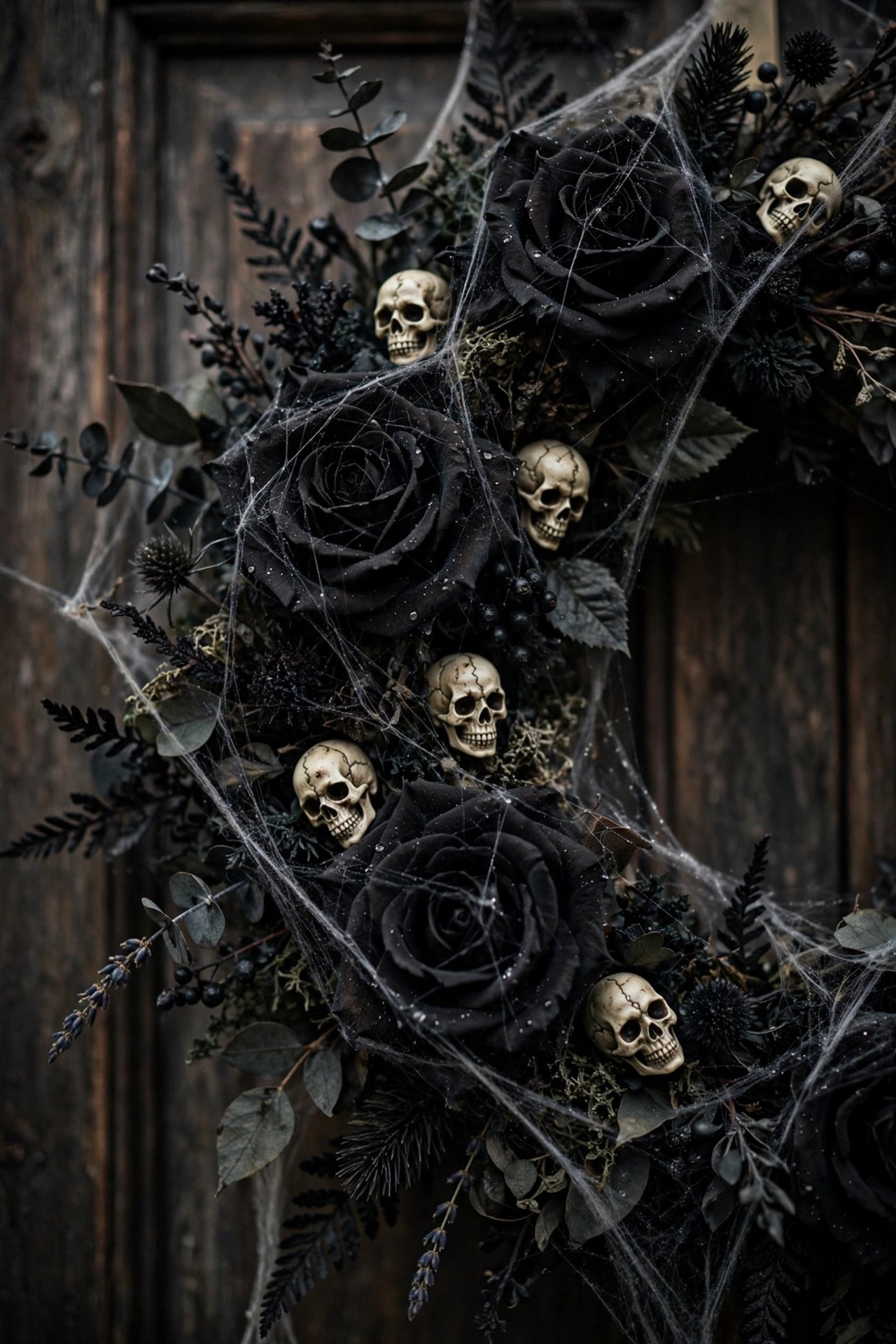 Close-up of Halloween wreath ideas — gothic wreath detail with black roses, mini skulls and spiderweb fabric on a wooden door