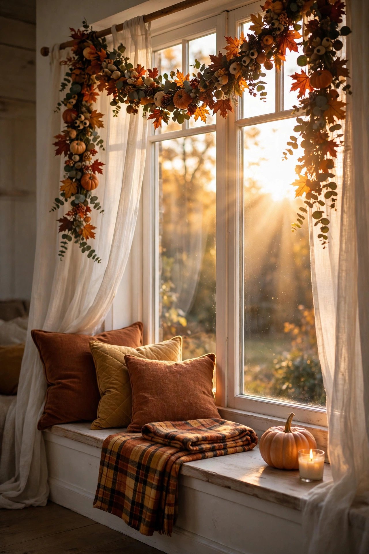Thanksgiving living room decor window at golden hour — fall garland on the curtain rod, window seat with rust cushions, plaid throw, pumpkin and candle in warm sunlight