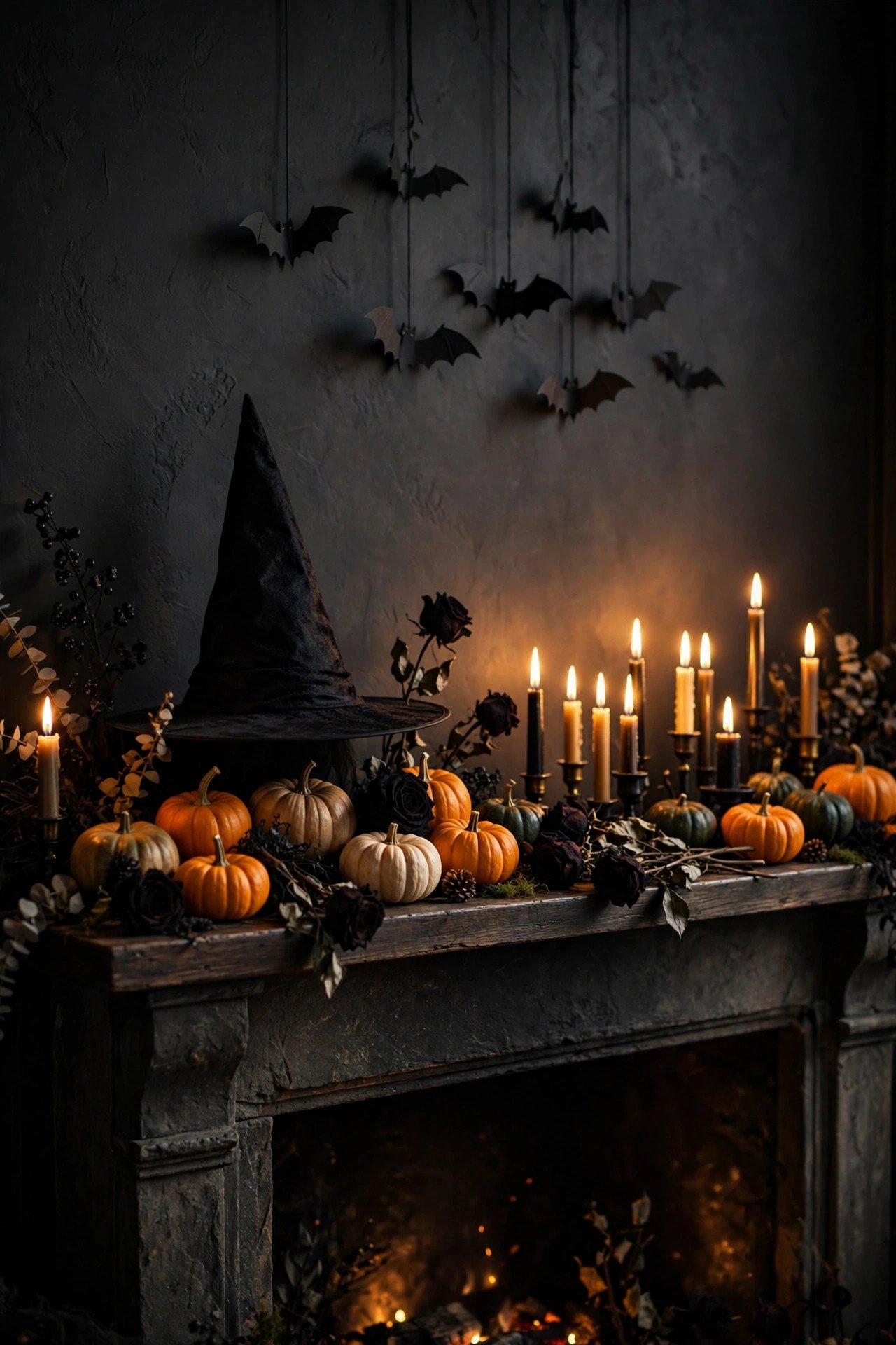 Candlelit fireplace mantel with a witch hat, pumpkins, black roses, rows of candles and hanging bats on a dark wall for witchy Halloween decor