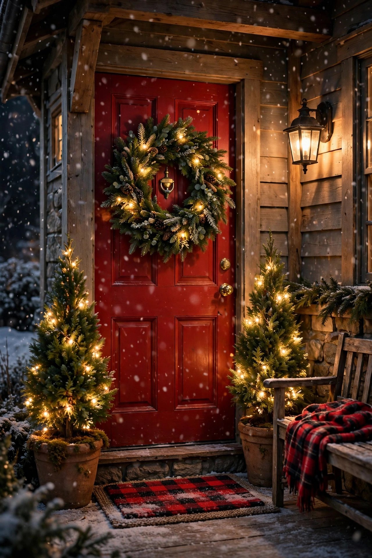 Christmas Porch Decor with an illuminated wreath, plaid doormat, and light-wrapped topiaries at night