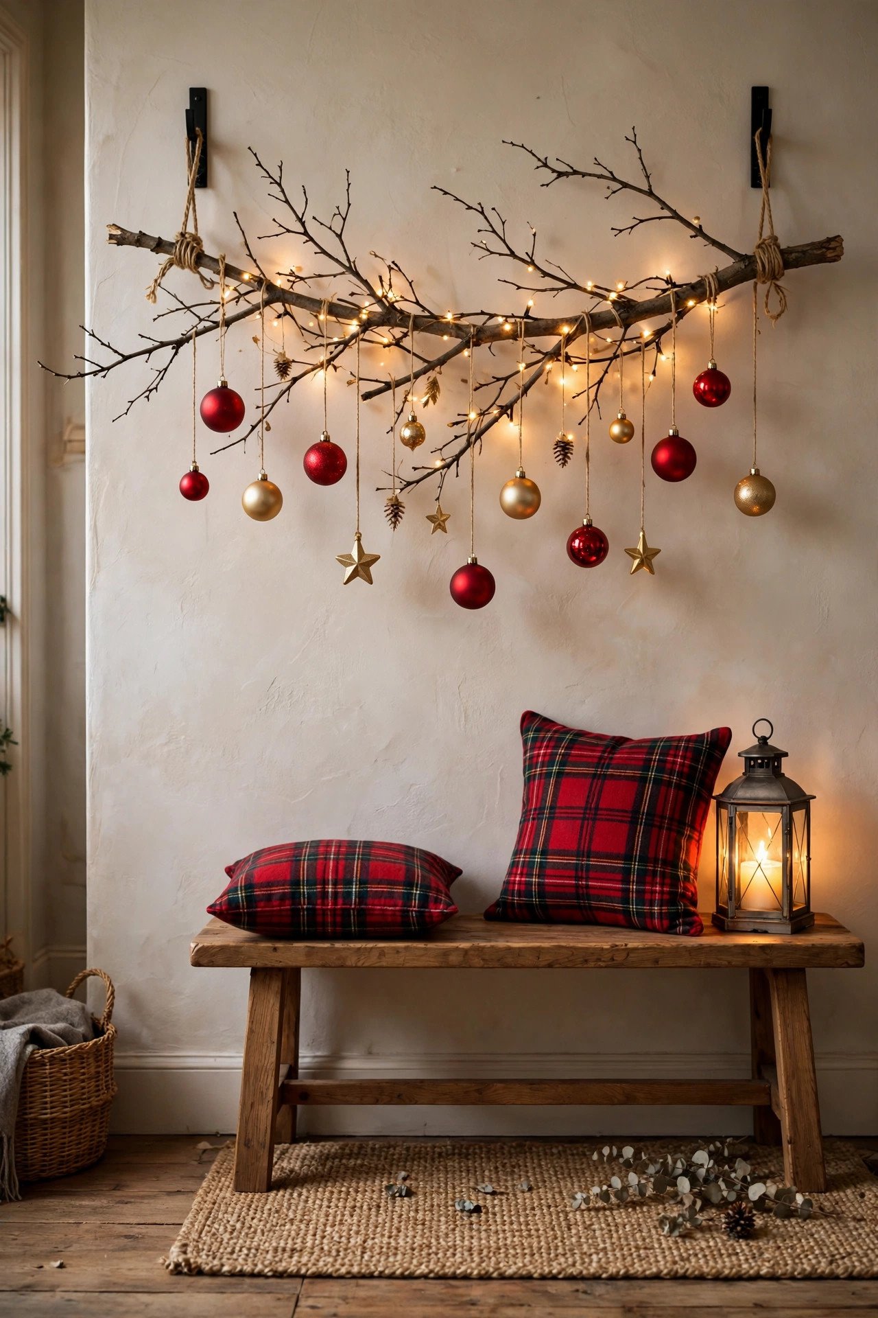 Entryway wall with a hanging branch display of red and gold ornaments, fairy lights, and plaid cushions on a bench
