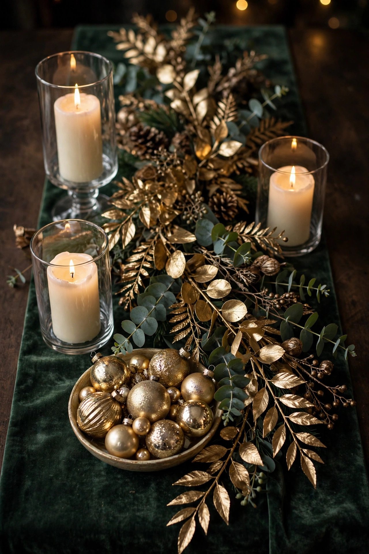Gold foliage Christmas centerpiece runner with ivory pillar candles and a bowl of vintage ornaments