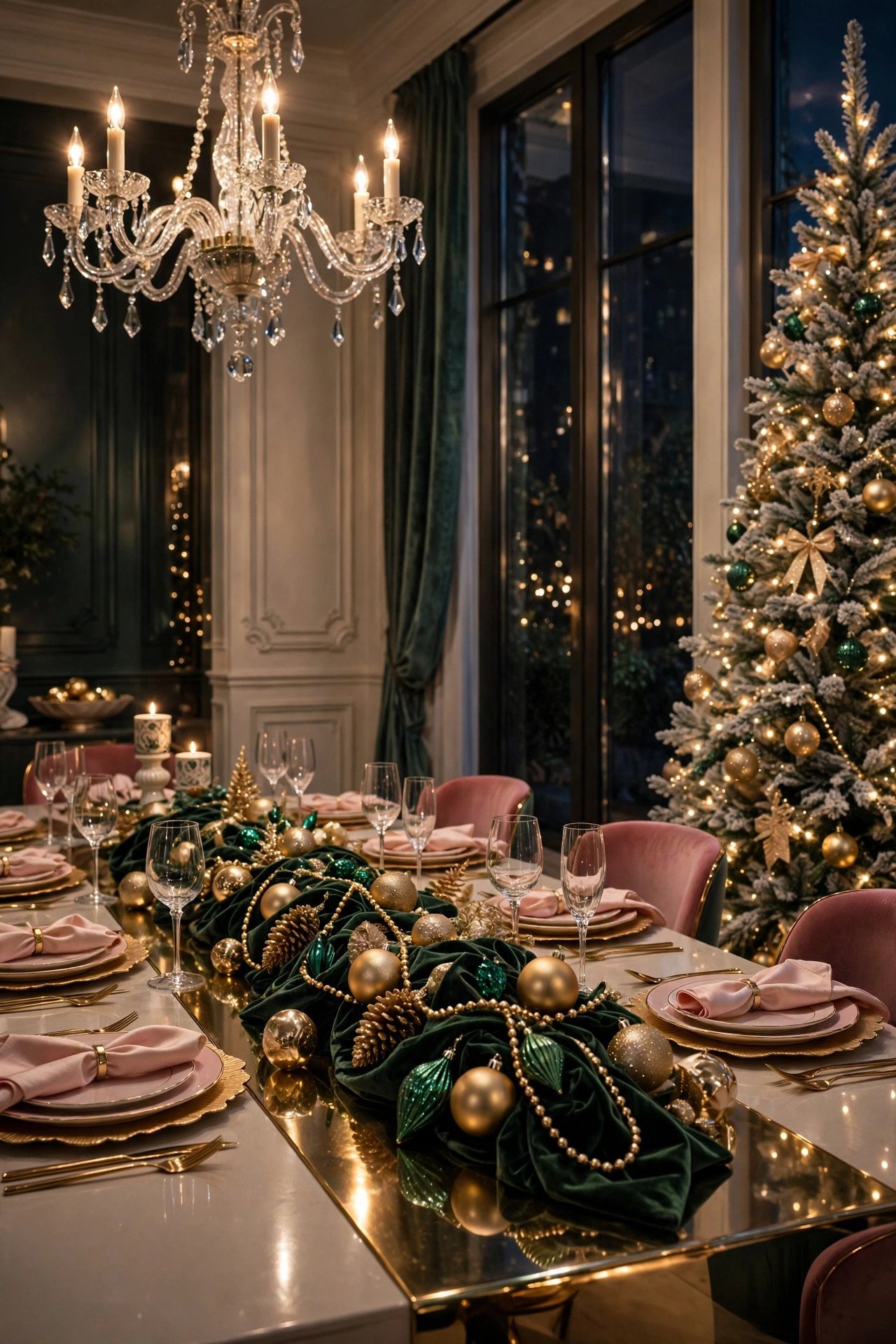 Elegant Christmas Dining Room Decor with emerald and gold ornaments, crystal chandelier, and flocked tree