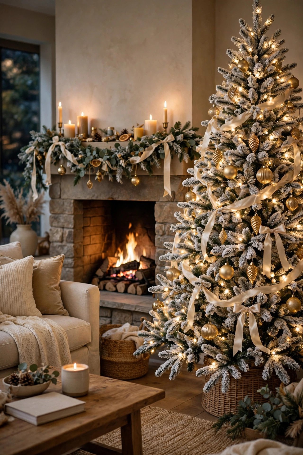 Flocked christmas tree decor ideas with warm white lights, gold ornaments and cream ribbon in a cozy living room with fireplace
