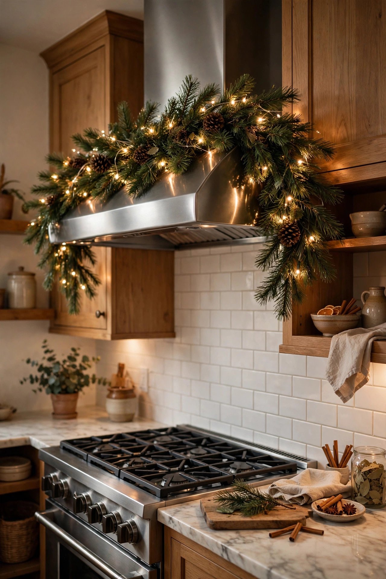 Christmas Kitchen Decor garland draped over range hood with warm twinkle lights