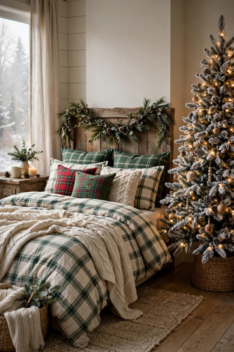 Cozy Christmas Bedroom Decor with flocked tree, plaid bedding and garland-draped headboard
