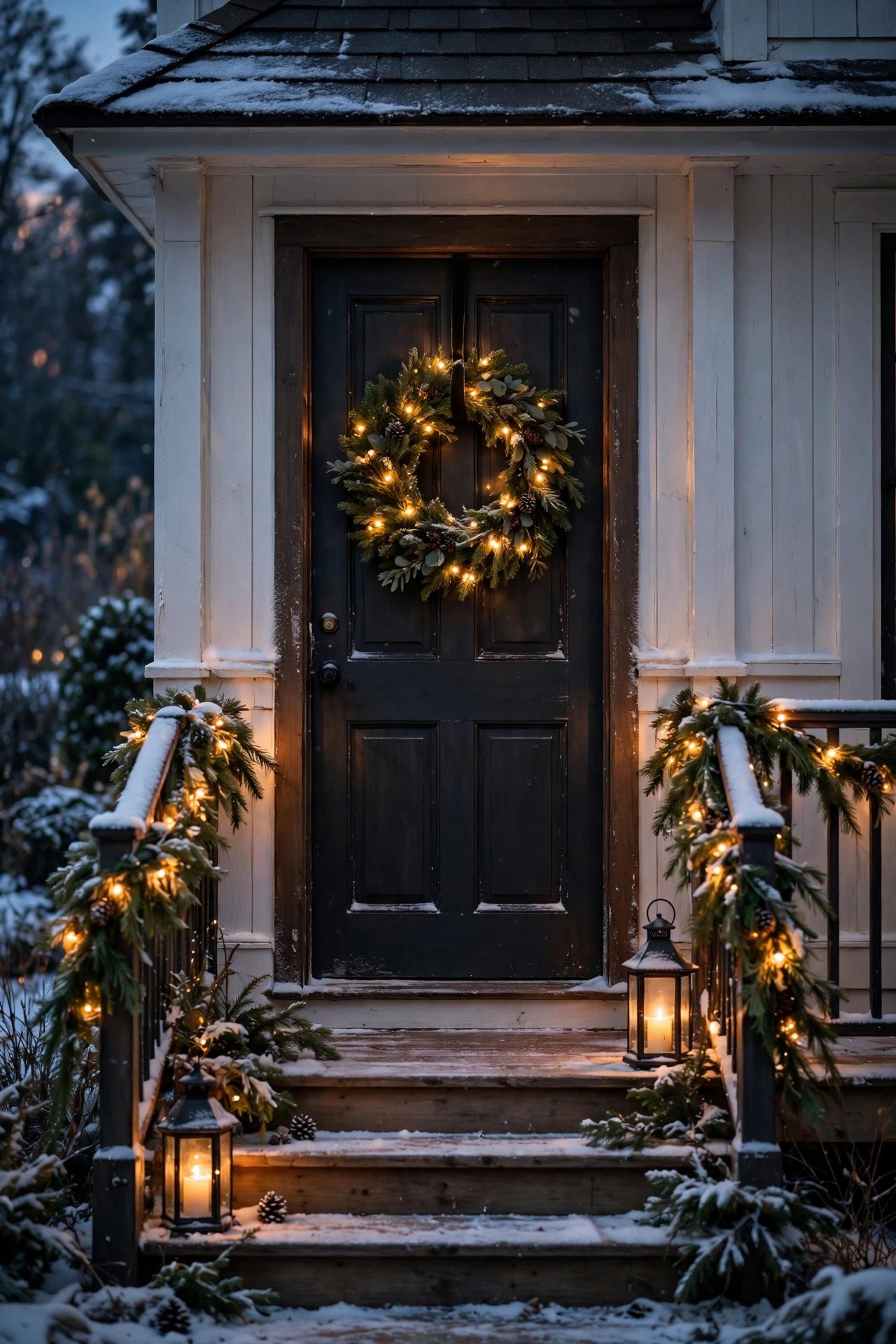 Front porch at dusk decorated with a lit evergreen wreath, glowing garland and candle lanterns for Christmas outdoor decor
