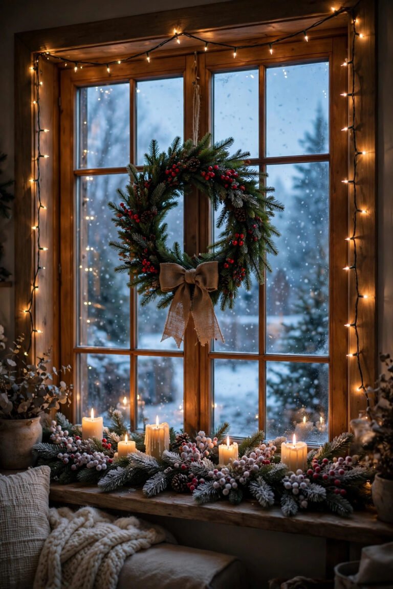 Christmas Window Decor: living room window at dusk with wreath, fairy lights and candles