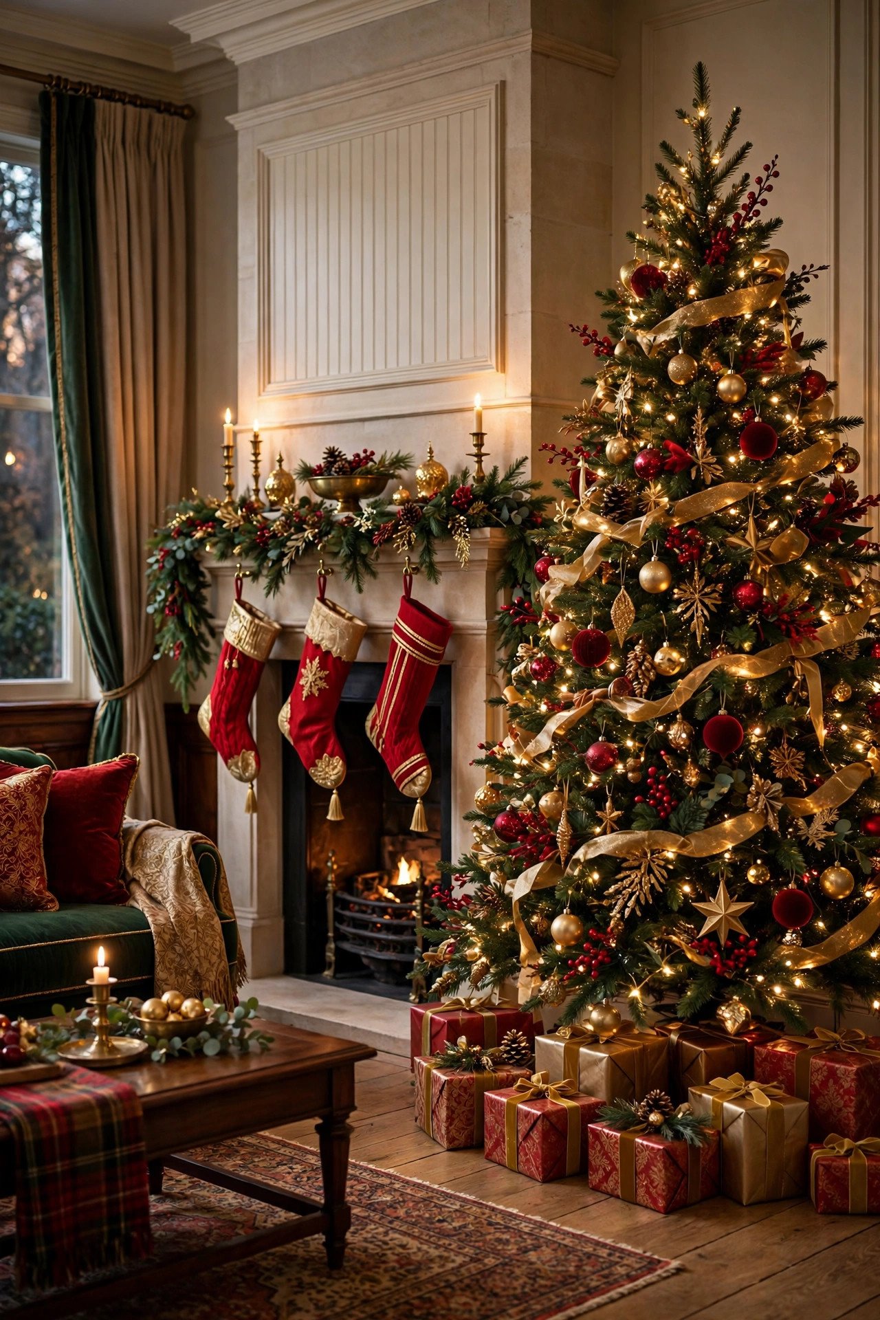 Classic red and gold christmas tree decor ideas in a traditional living room with stockings on the mantel