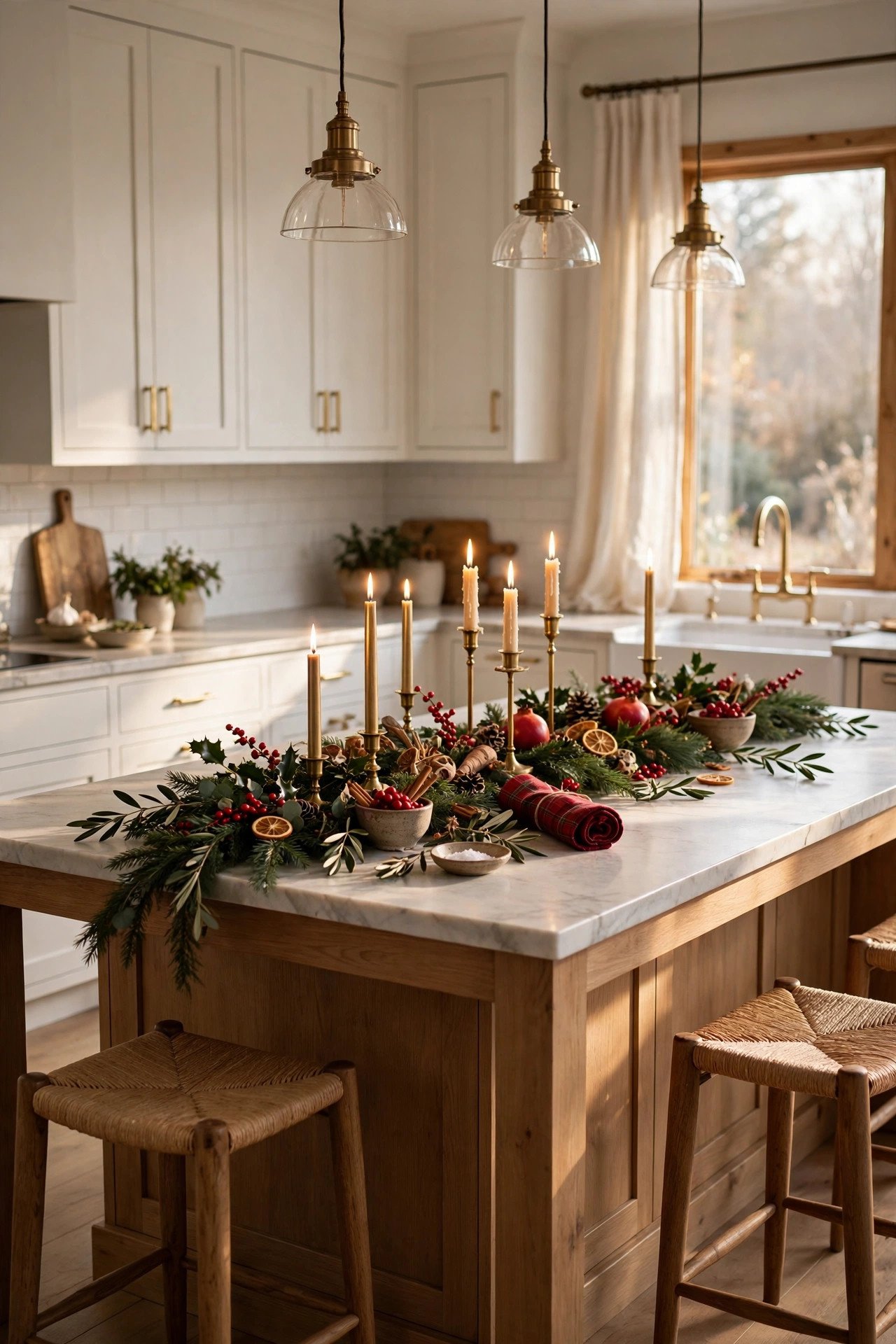 Christmas Kitchen Decor red and green holiday tablescape on kitchen island