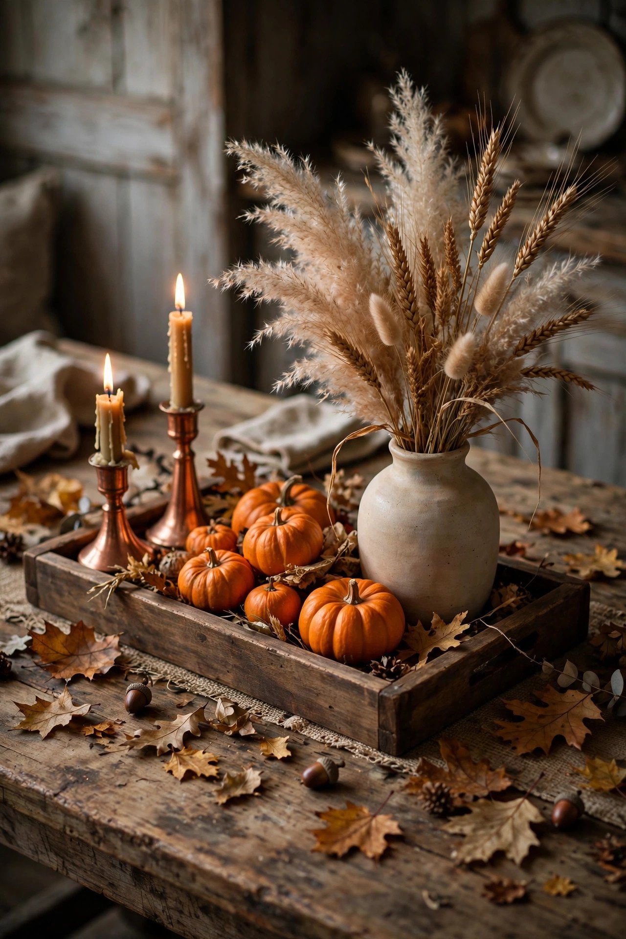 Rustic wooden tray centerpiece with mini orange pumpkins, dried wheat and copper candle holders