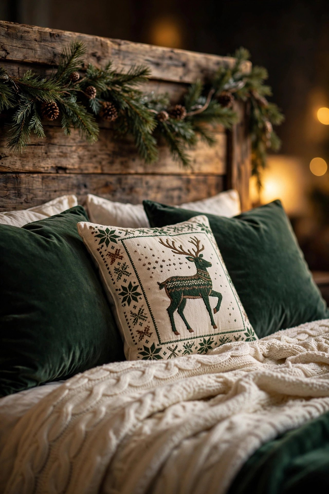 Christmas Bedroom Decor bed close-up with chunky knit throw, velvet pillows and pine garland