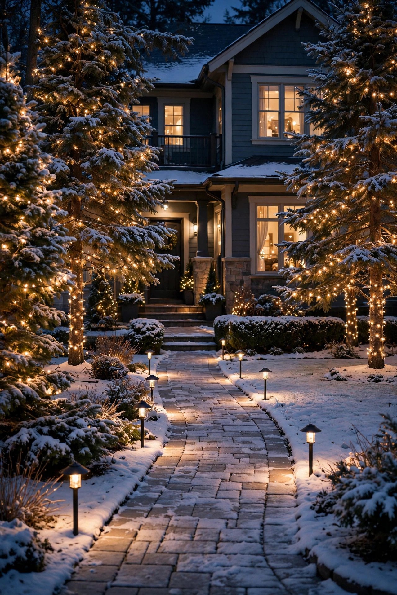 Front yard at night with string lights wrapped around snow-dusted trees and glowing pathway lights for Christmas outdoor decor