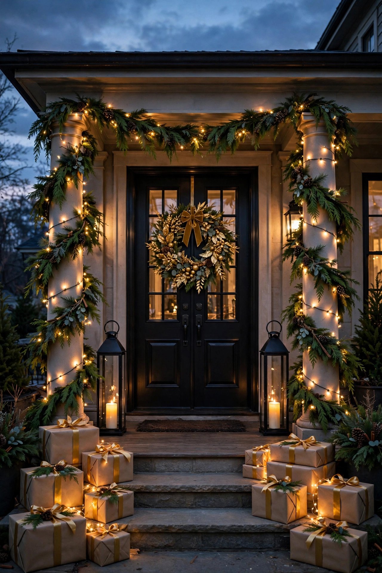 Elegant gold Christmas wreath on black double front doors with lantern pair, garland-wrapped columns and illuminated gift boxes