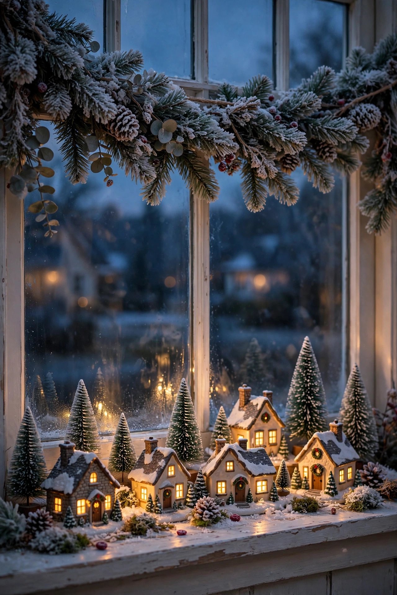 Christmas village scene on a windowsill with frosted garland