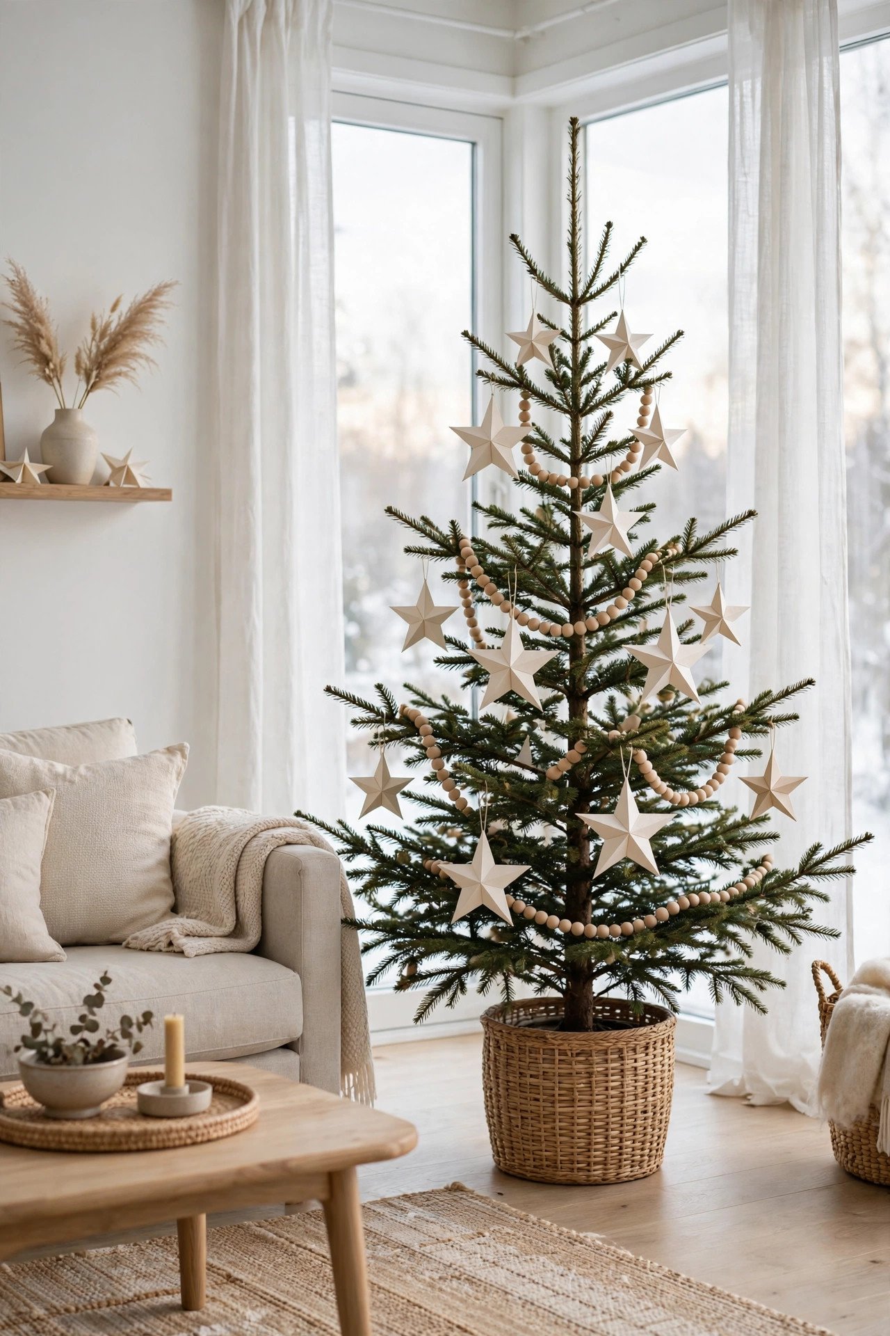 Minimalist Scandinavian christmas tree decor ideas with paper stars and wooden beads in a bright living room